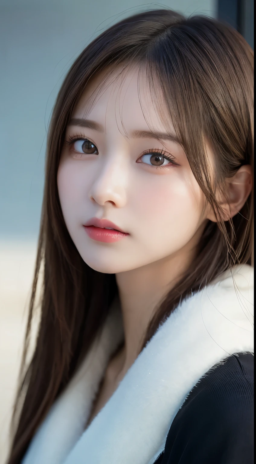 table top, highest quality, shape, Super detailed, finely, High resolution, 8k wallpaper, 完璧なダイナミックな構shape, beautiful and detailed eyes, Gorgeous winter fashion using fur,straight hair,small breasts、natural color lip,20 year old girl、cute、sexy looking at camera,beautiful and detailed face,perfect and beautiful face,KPOP idol face,Japanese idol faces,Elegant face,RAW photo,Big eyes,gal makeup,blur background