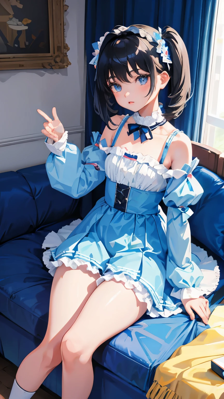 (short cute girl, young studeg delicate girl),(masterpiece,Top quality),light blue lolita outfit,shorts,black hair twintails