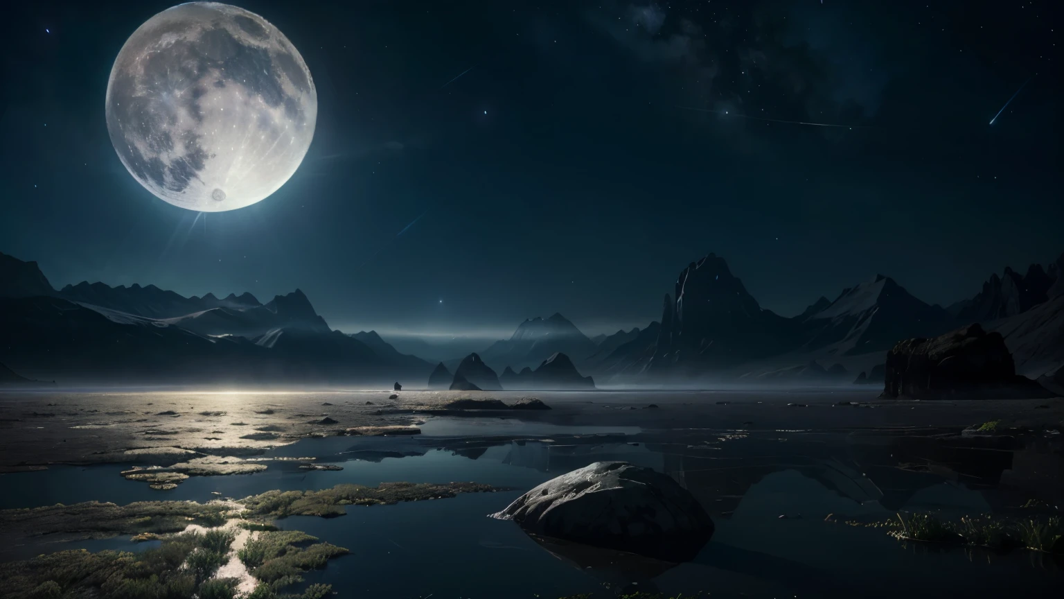 (best quality,4k,8k,highres,masterpiece:1.2),ultra-detailed,(realistic,photorealistic,photo-realistic:1.37),alien landscape,moon,lake,exotic plants,unearthly colors,mystical atmosphere,hovering spaceship,starlit sky,reflective water surface,ethereal beauty,epic proportions,hazy mist,surreal mountains,distant horizon,silent stillness,otherworldly tranquility,ambient lighting,unfamiliar terrain,dazzling celestial bodies,cosmic energy,vivid hues,extraterrestrial serenity,alien creature in the distance,peaceful solitude,rays of moonlight,sublime grandeur,unexplored mysteries,calm ripple of waves,imposing moon presence,enchanted tranquility,unprecedented beauty
