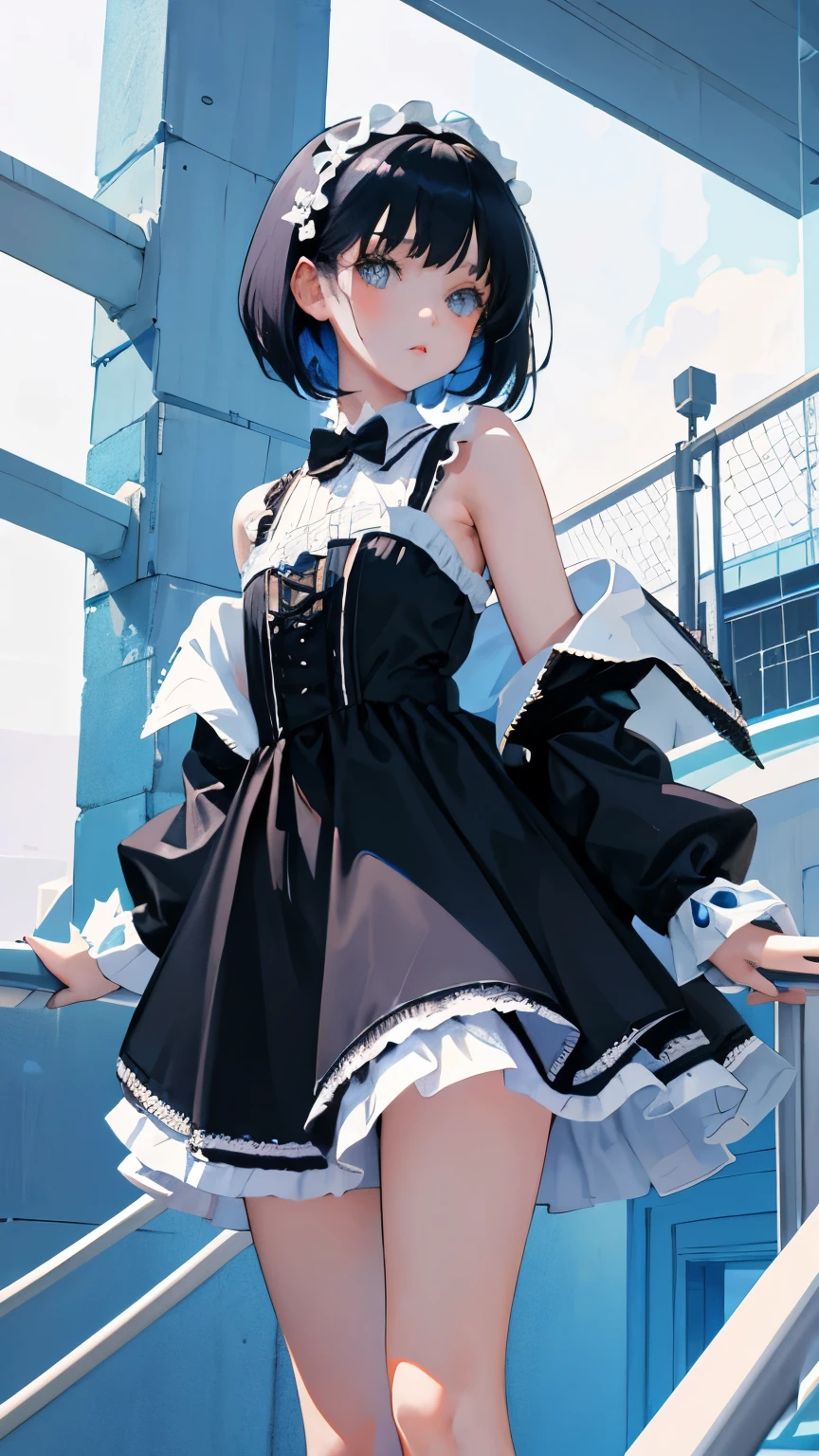 (short cute girl，small young student，young delicate girl）,（masterpiece，Top quality)，light blue lolita outfit，shorts，long black hair