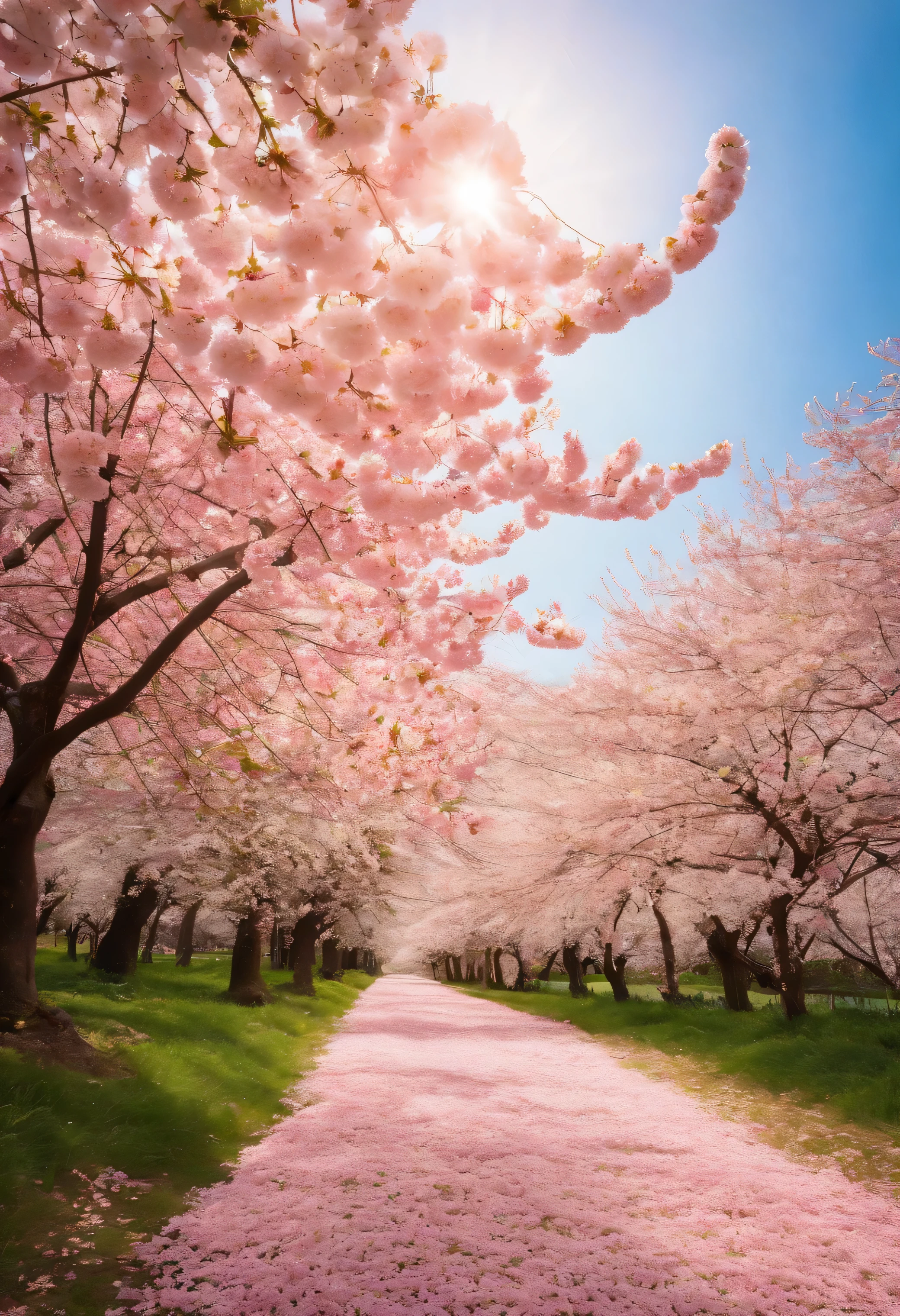 White and pink cherry blossoms are in full bloom., flying pink petals, abundant cherry blossom trees, clear sky, bright sunlight, Good Weather, spring