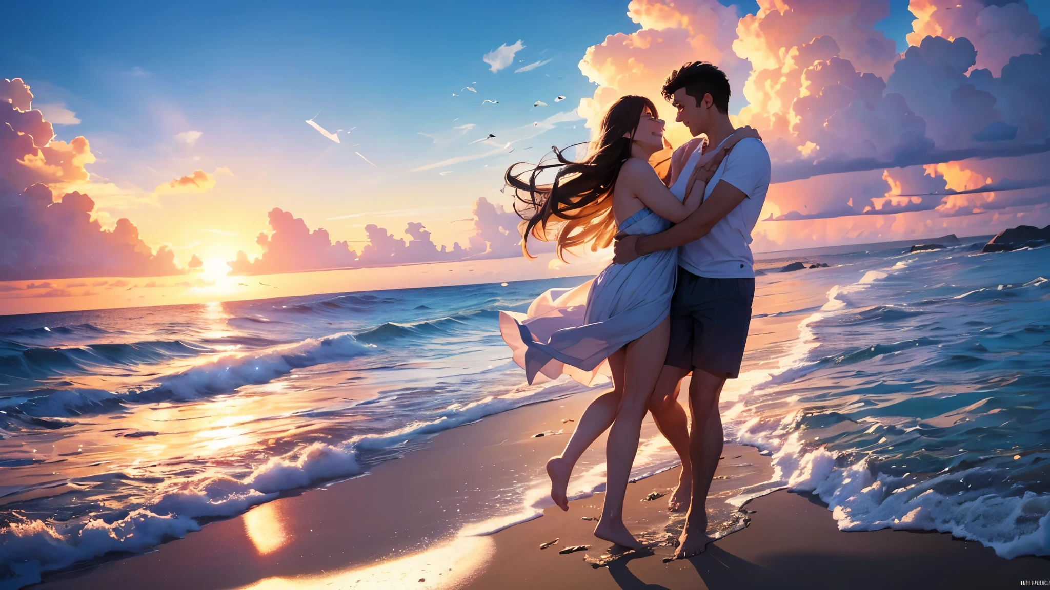 A happy couple running along the beach,illustration,sparkling ocean,white sandy beach,vivid colors,playful laughter,sun-kissed skin,warm sunlight,relaxing vacation,joyful and carefree,romantic atmosphere,waves crashing,wind in their hair,loving embrace,happiness and love,footprints in the sand,beautiful sunset,blissful moment,(best quality,4k,8k,highres,masterpiece:1.2),ultra-detailed,(realistic,photorealistic,photo-realistic:1.37),HDR,UHD,beach scenery,lively and energetic,idealistic love,romantic memories,light-hearted moments,serene and peaceful,pure bliss,enchanted by the beauty,natural beauty,eternal love,gentle sea breeze,hand in hand,unforgettable connection,cheerful and lively,tender and affectionate,magical ambiance,summer love,glowing horizon.