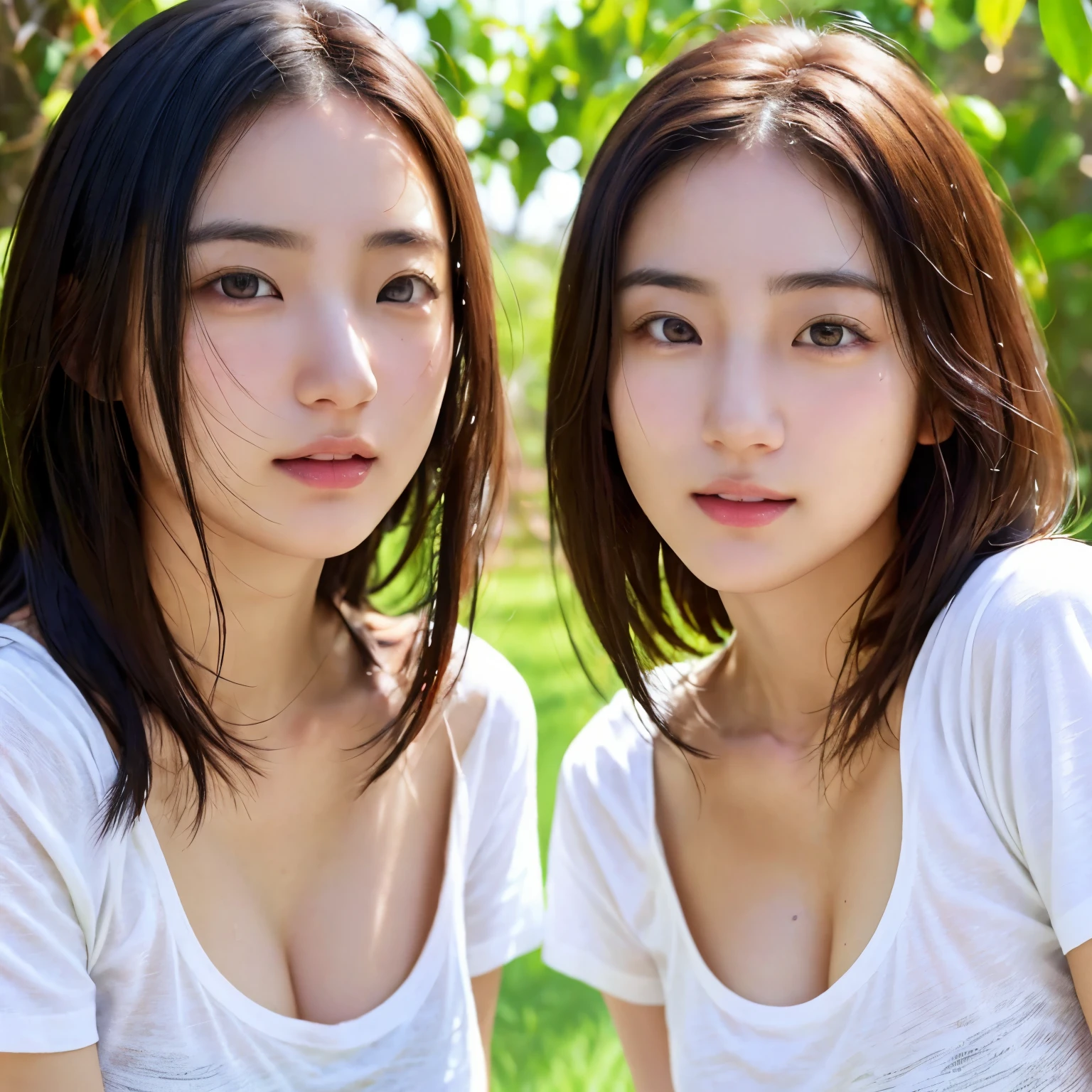 identical twin sisters、dressed, (photo realistic:1.4), (hyper realistic:1.4), (realistic:1.3),
(smoother lighting:1.05), (Improve the quality of cinematic lighting:0.9), 32K,
2 girls,15 year old girl, realistic lighting, Backlight, light shines on your face, ray tracing, (bright light:1.2), (Improvement of quality:1.4),
(Highest quality realistic textured skin:1.4), same hairstyle、detailed eyes, detailed face,big breasts、
(Tired, sleepy and happy:0), (smile:0), close up of face, T-shirt,
(Enhance the mood of your body line:1.1), (Enhances the beauty of skin texture:1.1)