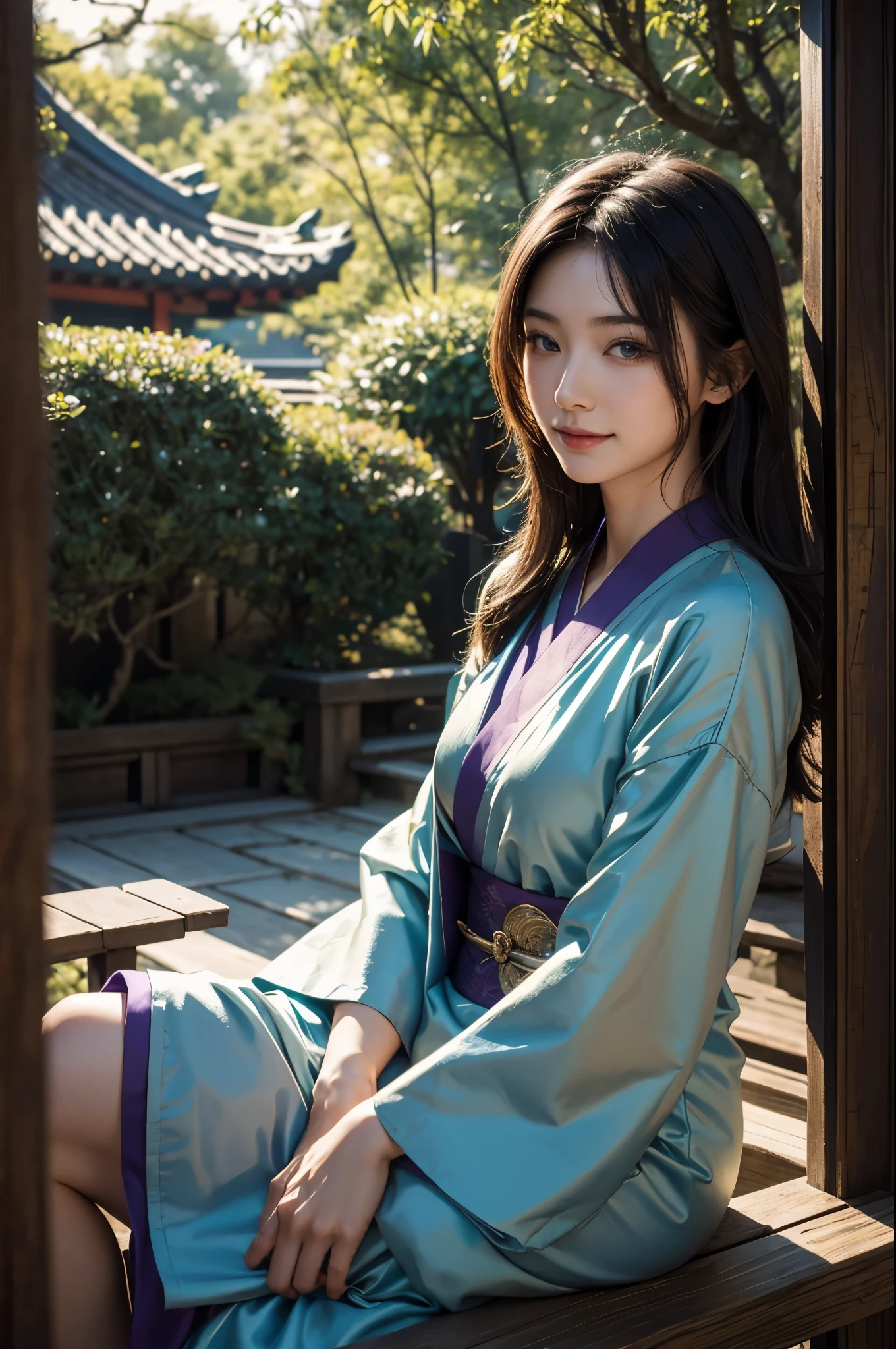 beautiful japanese smiling women, full height, blue eyes, long purple haircut, asian dress of a sage, {{{Nanjing }}},scale:14 steps:30 method:2, HDR, RTX, UHD, perfect, high quality, high detail, cinematic, photorealistic, beautiful, 4K, HDR, full shot, photorealistic, realism, color grading, photography, very detailed, focused, 8k, wallpaper, 32k, super resolution