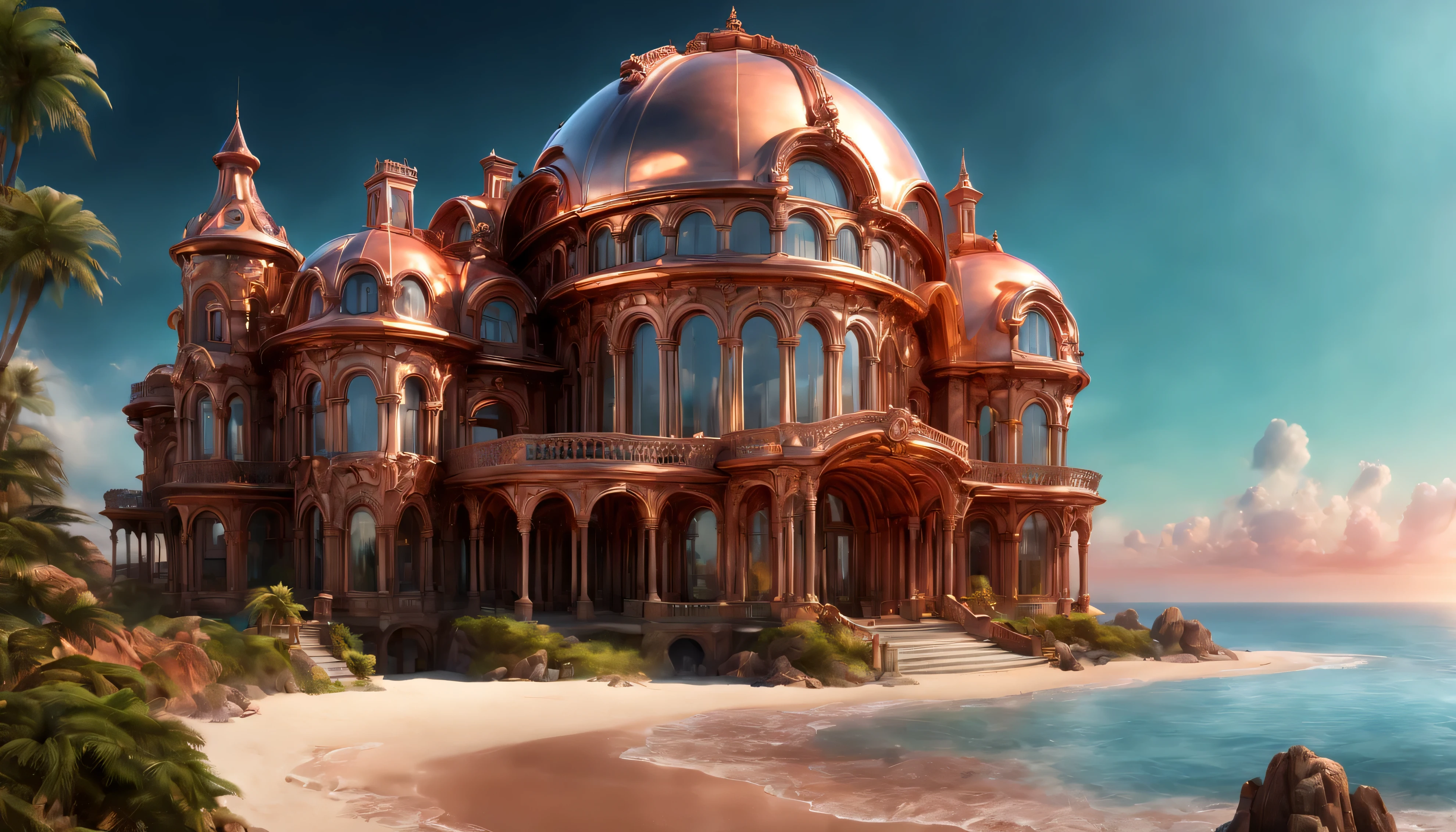 (best quality,photorealistic), Copper Palace: Neptune resides in a Copper palace at the bottom of the sea, where he holds court over sea gods, goddesses, nymphs, and creatures. Trident: Like Poseidon, Neptune wields a trident, a symbol of his dominion over the oceans, he has his Girl lucy with him, she is wearing a gold micro bikini,hyperrealistic, sharp photo, 10.