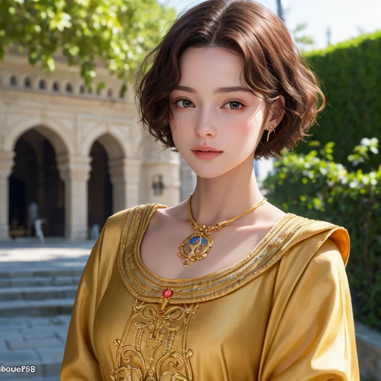 masterpiece, best quality, 8k, super detailed skin, looking off into the distance, jealous, cute, 1girl, short hair, wearing boubou, a secret society of time travelers,