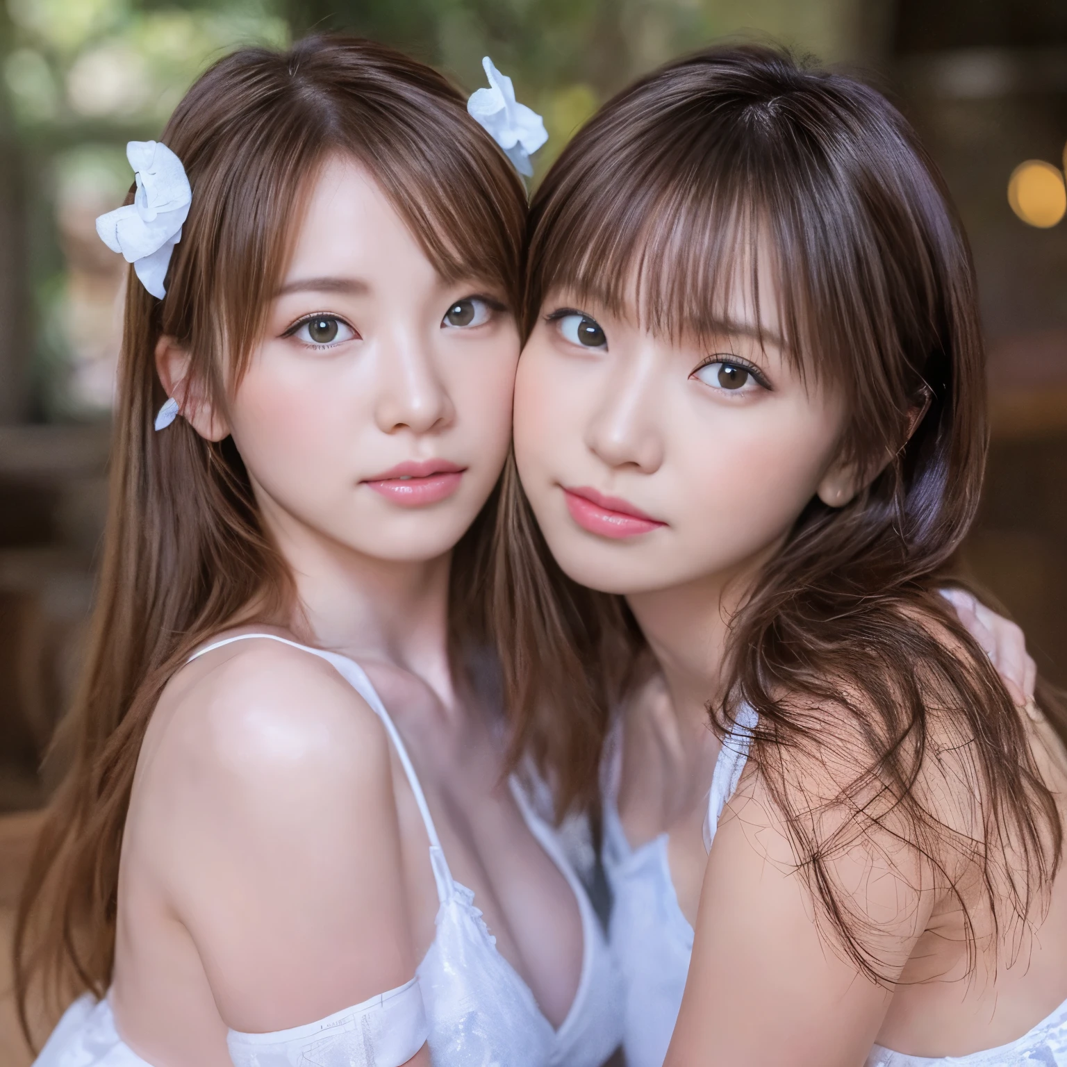 identical twin sisters、 (Close-up:0.8), sit on top, side shot, (Sky-high:1.3), (masterpiece, highest quality, near and far law, Depth of the bounds written:1.5), cloud, things to do, beautiful face, siret, from below, 8k, Raw photo, disorganized, Impressionism, FLS, realistic, film grain, chromatic aberration, High resolution, Super verbose, finely, dynamic lighting, dramatic lighting、shadowy、sharp focus、highly detailed eyes and face、Dark brown eyes、sharp pupils、realな、(8K、Live shooting、highest quality、masterpiece:1.2)、Super detailed、super resolution、(hyper reality、)Super detailed、super resolution、(real、real photo:1.47)、（hugging each other）leaning closer、（fantastic lighting）hug me、movie lighting、white skin、Fair-skinned female proofreading、Super high quality、Stylish lighting、Beautiful female proofreader reflecting in the light、amazing details、Highly detailed beautiful girls、