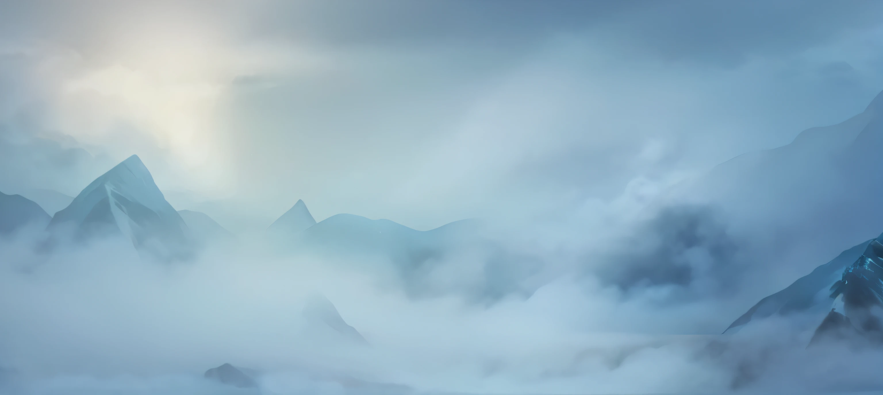 Two-dimensional style，mountains, icy tundra background, ethereal background, Atmospheric dreamy sky, Heavenly sky, Game background, foggy background