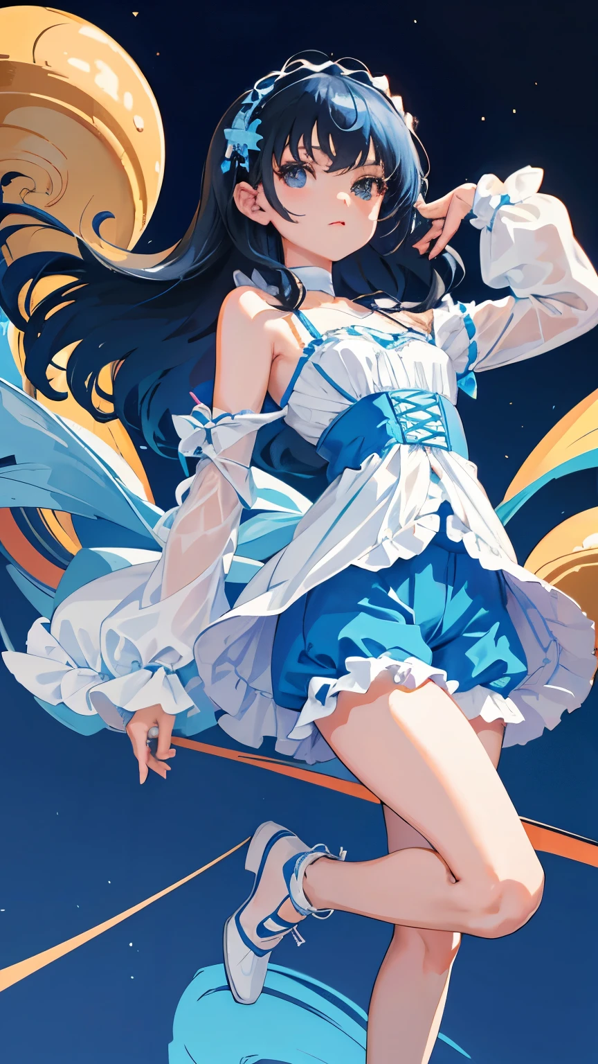 (short cute girl,small young student,young delicate girl),(masterpiece,Top quality),light blue lolita outfit,shorts,long black hair