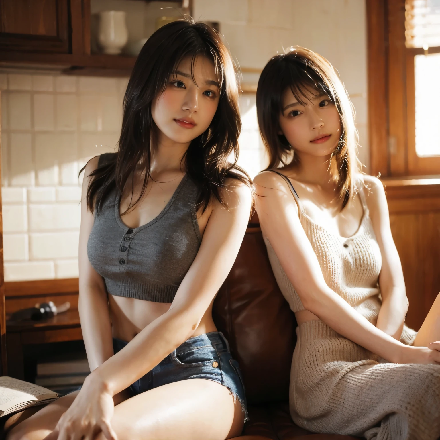 identical twin sisters、realistic、realistic skin texture、automatic rifle、tattoo