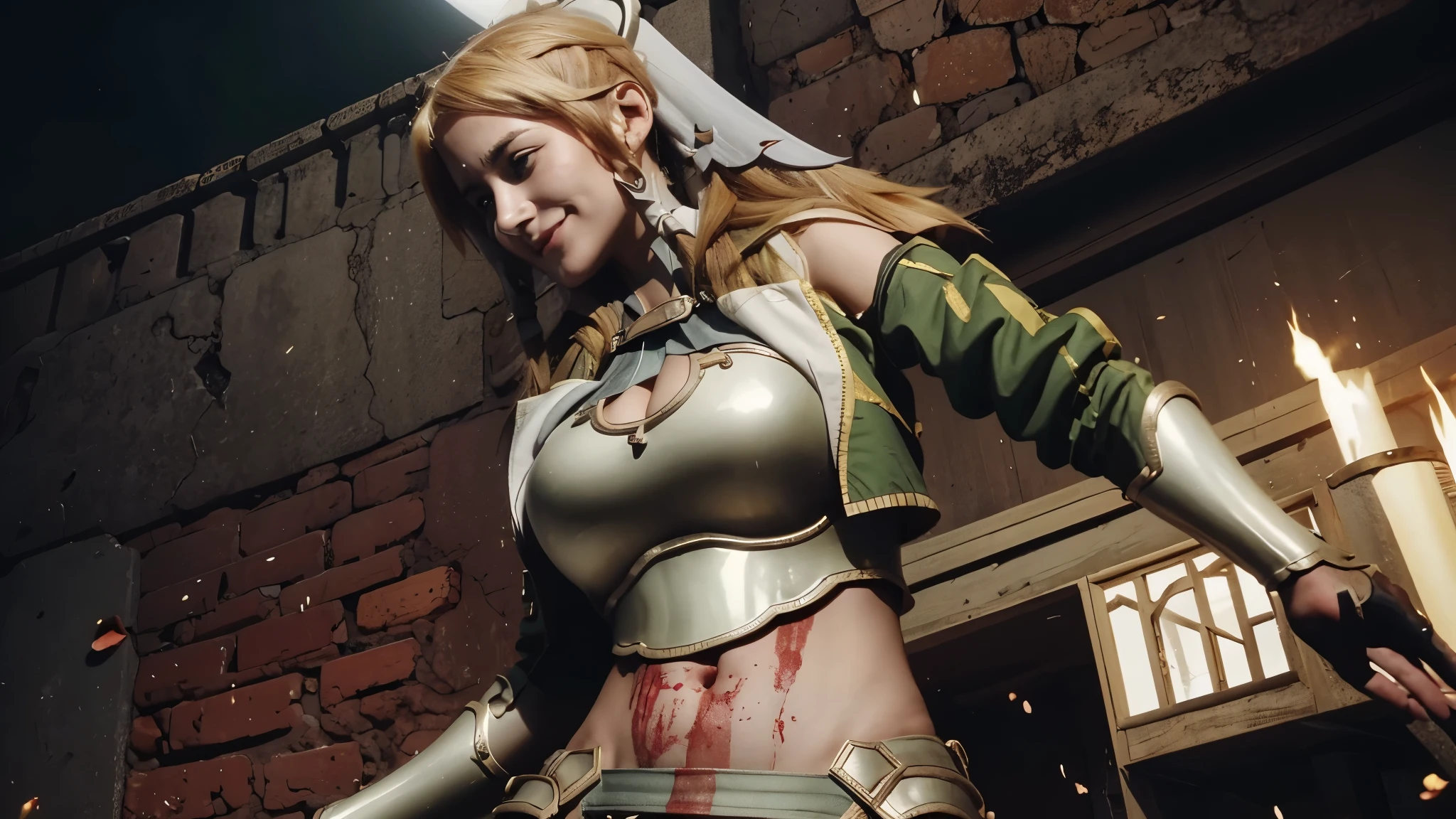girl 1, exposed belly button, big breasts, femdom, bullying, holding a severed head of enemy, Blood on the body, Blood on the armor, Blood in the belly button, Blood in the stomach, Blood on the breasts, provocation, tall, long sword, slashing sword, splashing blood, tall, belly buttonに血 ,Blood in the stomach, gun, knife, sword, war, underwear, kill, Behead, shot from below, sensual, Blood on the breasts, smile, holding a severed head