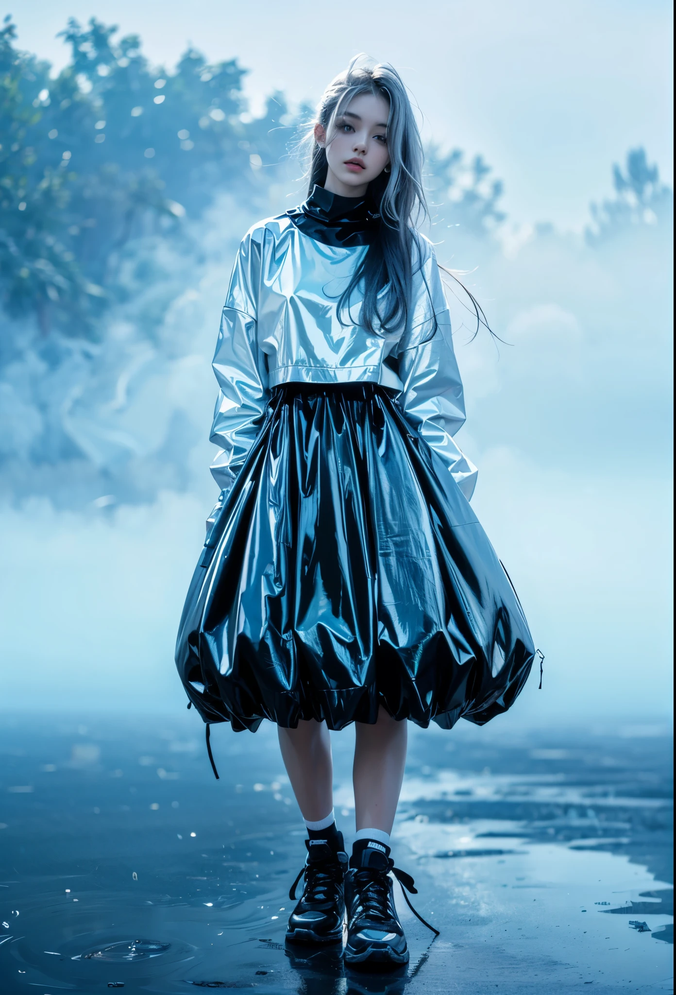 cyber taste fashion collection, ultra detailed, beautiful, masterpiece, best quality, _ BREAK 1 girl, Beautiful perfect model, 22 Age, 165 cm, Tightened all body, Perfect and beautiful legs, gray hair, Brightly colored eyes, Diteled face, dropy eyes, Double eyelid, light color eyes, Shiny eyes , Diteled eyes, (small head and face:1.4), _ BREAK arranged hair, Diteled hair, _ BREAK Perfect art background, Fog, mist, _ BREAK (all body front shot, standing and model rosing:1.3), BREAK (High neck:1.2), (black latex simple Spring baggy:1.4),(cute black latex:1.4), (simple black Spring outer wear:1.3), BREAK (cotton maxi bubble skirt:1.4), (Diteled Clothing:1.4), (Black sneakers with heels:1.4), (wear a simple bag that matches clothes:1.3), (One point accessories:1.3), (fog and mist Blurred background, Perfect and beautiful concrete background:1.4), (Inorganic and nostalgic white lighting:1.4),