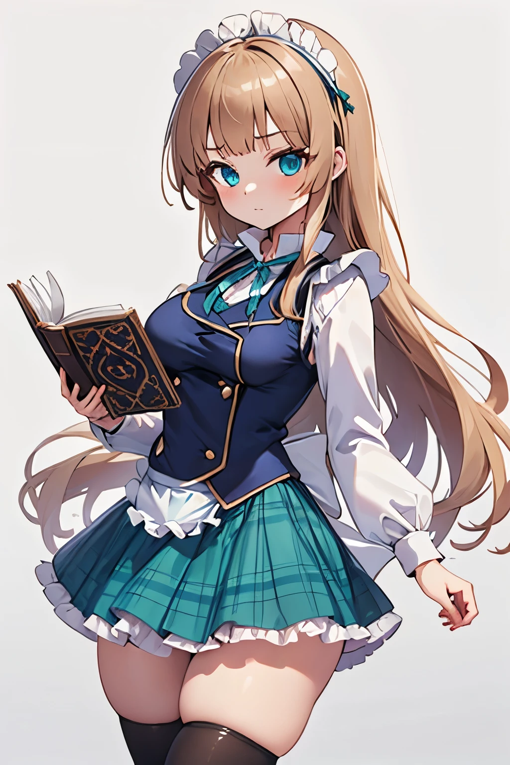 1girl, solo, thigh highs, long hair, book, black thigh highs, maid, skirt, blue eyes, white background, plaid, simple background, plaid skirt, breasts, looking at viewer, green skirt, holding, long sleeves, holding book, blush, bangs, very long hair, large breasts, blonde hair, brown hair, thighs, shirt, white shirt, zettai ryouiki, vest, blunt bangs, open book, ribbon, reading, frills, closed mouth, thick thighs, green ribbon, collared shirt, neck ribbon, frilled skirt, medium breasts, aqua eyes, panties, panty peek,