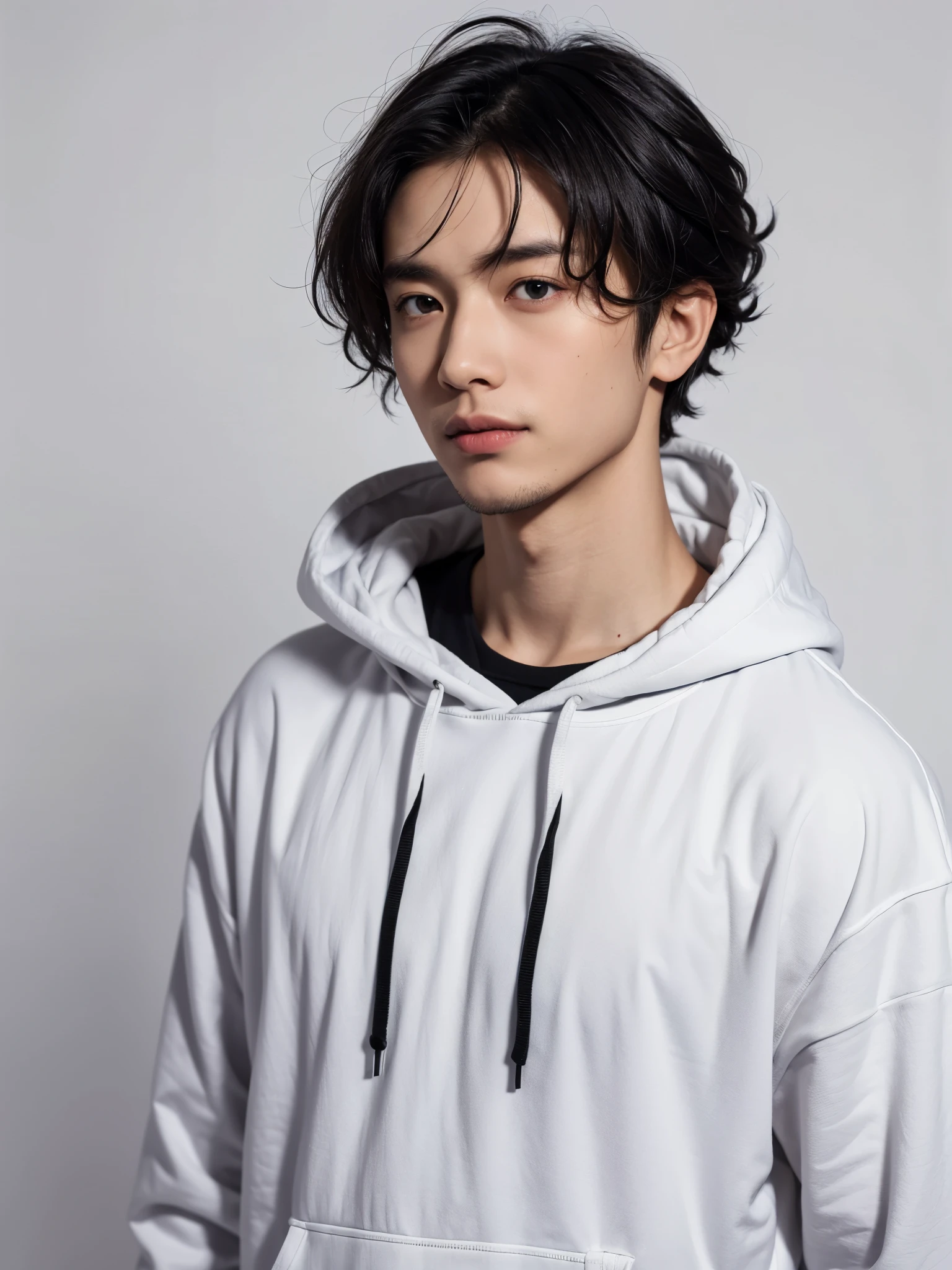 1 man,short hair,black hoodie, upper body, 30-year-old, japanese, slim, white gray background, high quality, Full-HD, 16K, absurdres,looking at another, Hair curly,center part,male