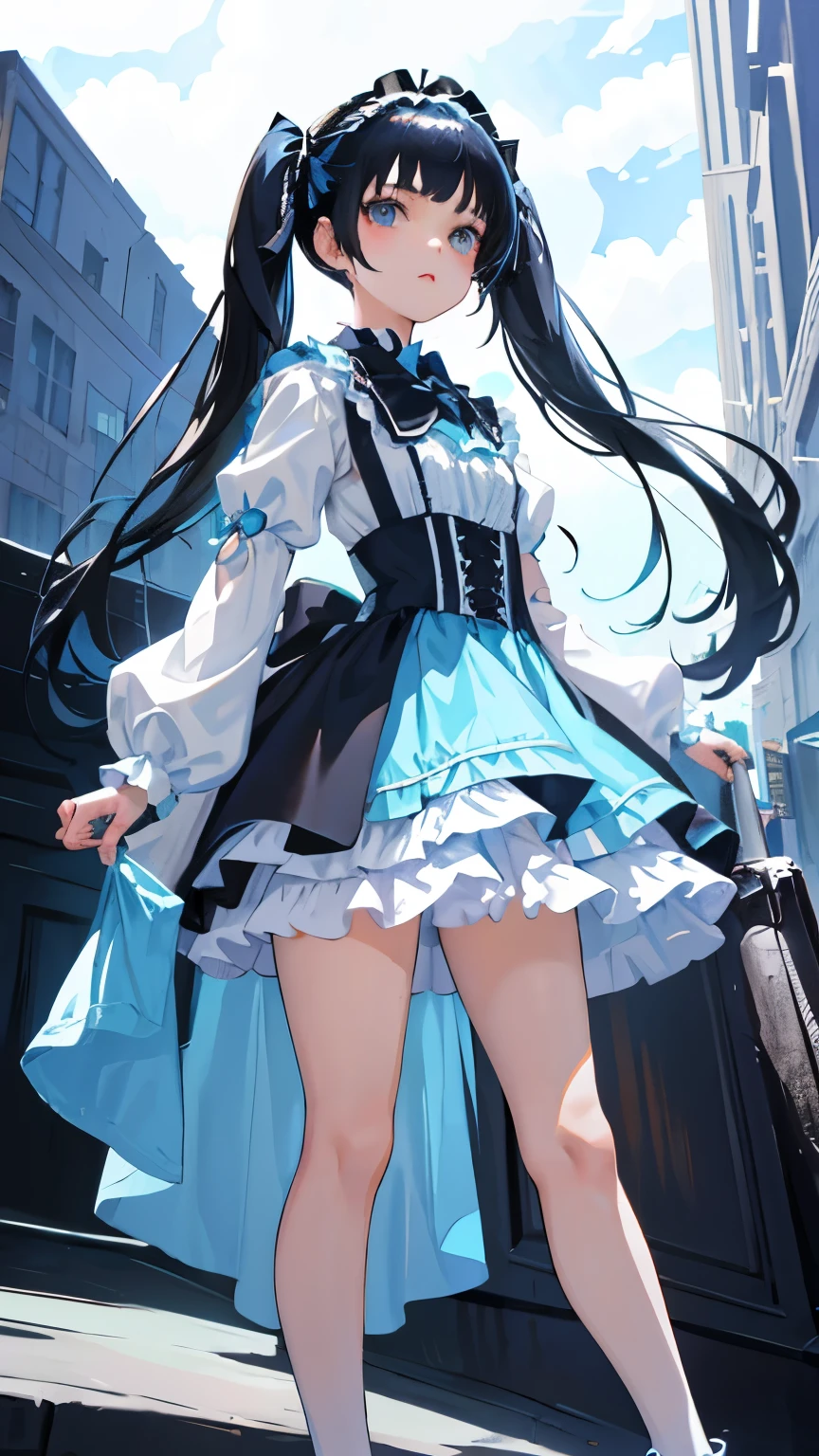 (short cute girl，small young student，young delicate girl）,（masterpiece，Top quality)，light blue lolita outfit，shorts，black hair twintails