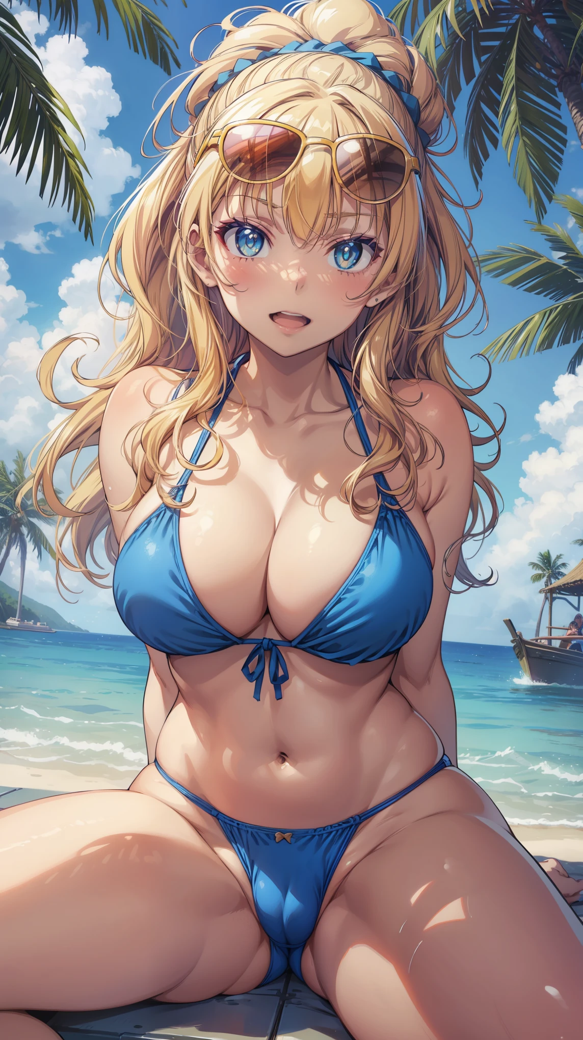 1 girl, Galko,looking at the viewer, smile,curvy,huge breasts,blue bikini,(sunglasses on forehead:1.3),(upper body),open mouth, embarrassed ,blush,(spread legs:1.3),(legs up),(cameltoe:1.3),pool side,top-quality,Top image quality,perfect anatomy,masterpiece,ultra-detailliert,Beautiful、ultra-quality, best quality,high resolution, ultra-detailed,game cg,dutch angle ,beautiful detailed eyes, visualart,five fingers, perfect hands