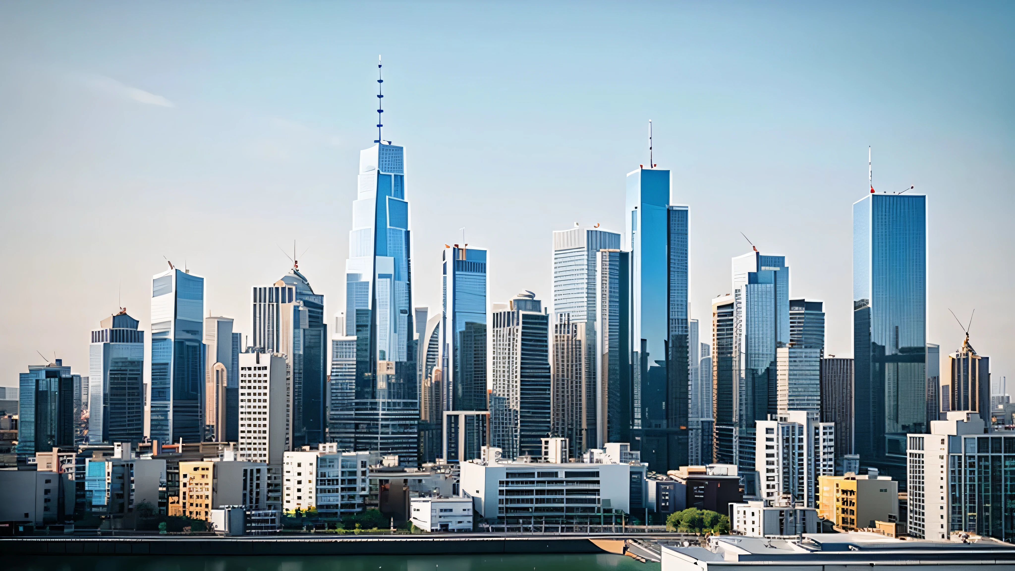 sunny day, city, A stunning, highly-detailed photo of a modern city skyline. The image features a minimalistic design, with tall, sleek buildings, clear, crisp blue sky. The minimalist background allows the architectural beauty of the city to stand out, making it an ideal wallpaper for any device., photo, vibrant, (hdr:1.25), (intricate details:1.14), (hyperrealistic 3d render:1.16), (filmic:0.55)