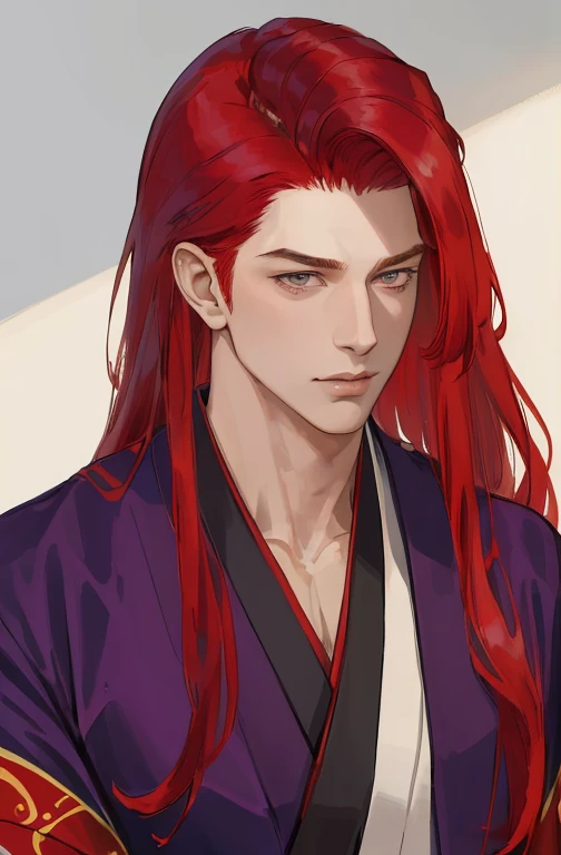 ((Masterpiece))), (((Best quality))), ((diluc)), ((ultra detailed)),long red hair, adult man, male, cold personality, traditional purple kimono