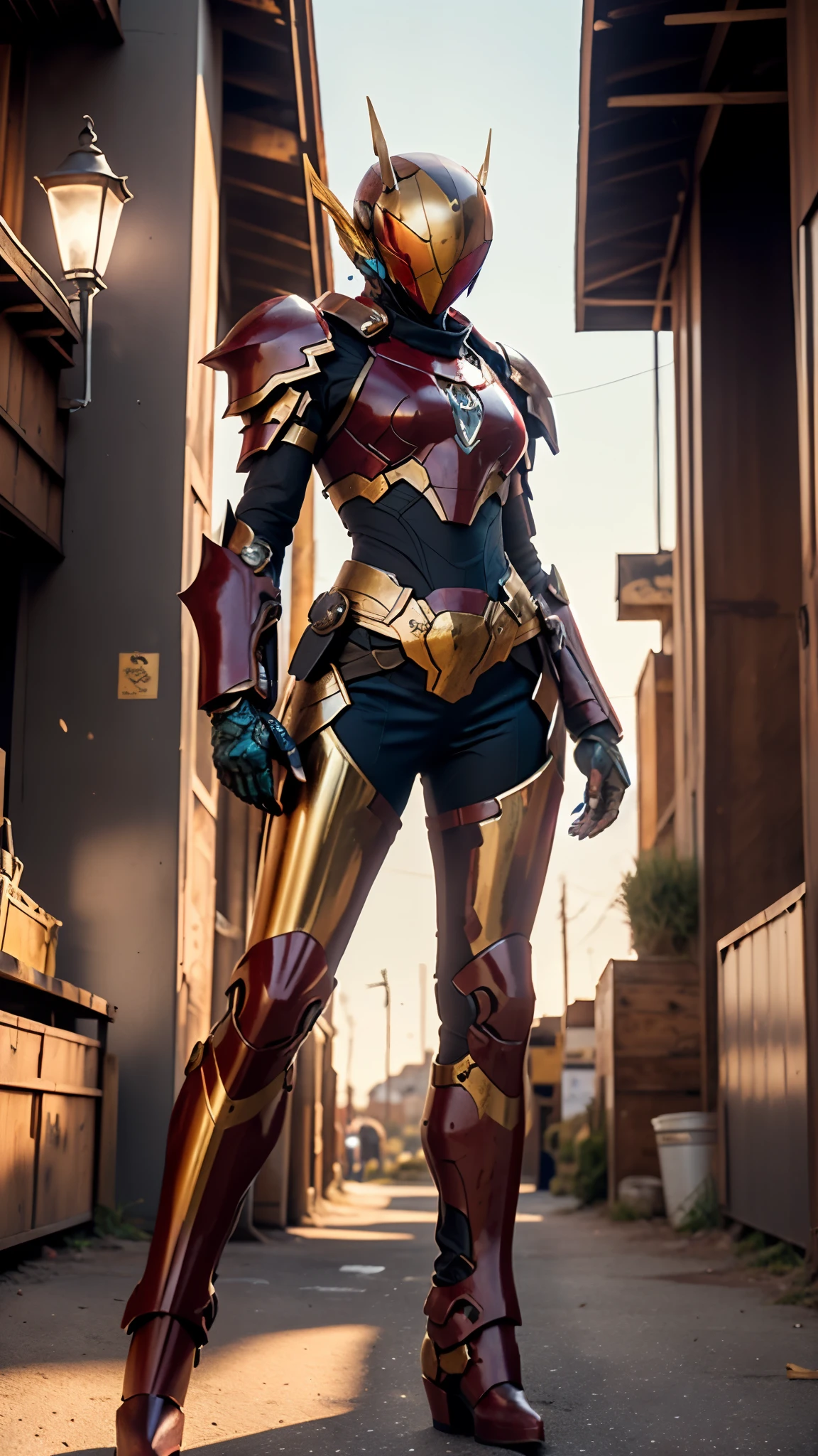 A woman adorned in fantasy-style full-body armor, a crown-concept fully enclosed helmet that unveils only her eyes, a composite layered chest plate, fully encompassing shoulder and hand guards, a lightweight waist armor, form-fitting shin guards, the overall design is heavy-duty yet flexible, ((the armor gleams with a golden glow, complemented by red and blue accents)), exhibiting a noble aura, she floats above a fantasy-surreal high-tech city, this character embodies a finely crafted fantasy-surreal style armored hero in anime style, exquisite and mature manga art style, (Queen bee mixed with Spider concept Armor, plasma, blood), ((Element, energy, elegant, goddess, femminine:1.5)), metallic, high definition, best quality, highres, ultra-detailed, ultra-fine painting, extremely delicate, professional, anatomically correct, symmetrical face, extremely detailed eyes and face, high quality eyes, creativity, RAW photo, UHD, 32k, Natural light, cinematic lighting, masterpiece-anatomy-perfect, masterpiece:1.5