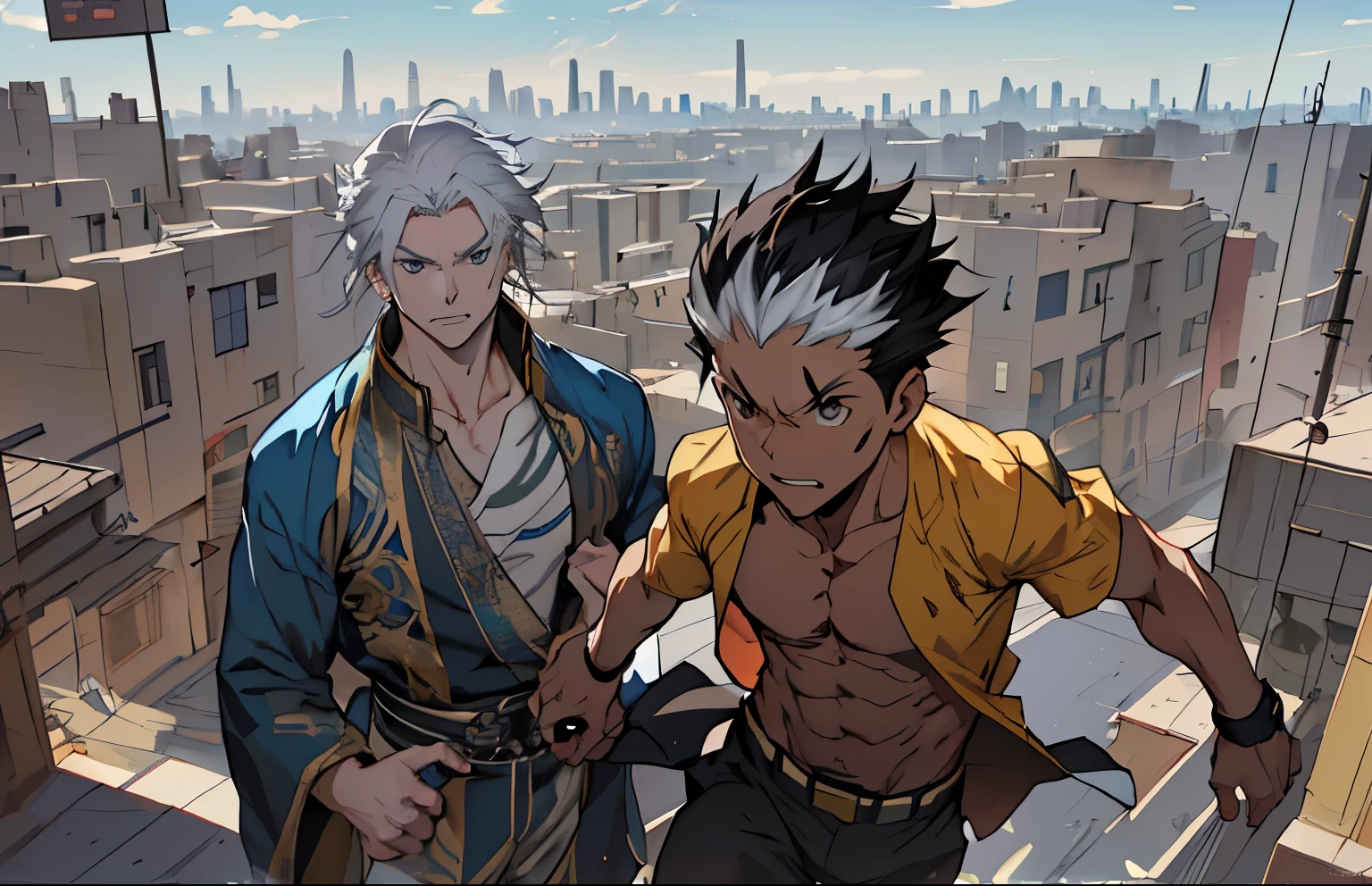 There is a 9 year old boy running away from a 30 year old white haired man through the streets of Cairo anime characters standing on a ledge with a city in the background, akehiko inoue y ross tran, Ross Tran y Bayard Wu, dos hombres guapos anime, Anime rudo 8K, krenz cushart y asher duran, tendencia en artstation pixiv, jin shan y ross tran, krenz cushart y artem demura