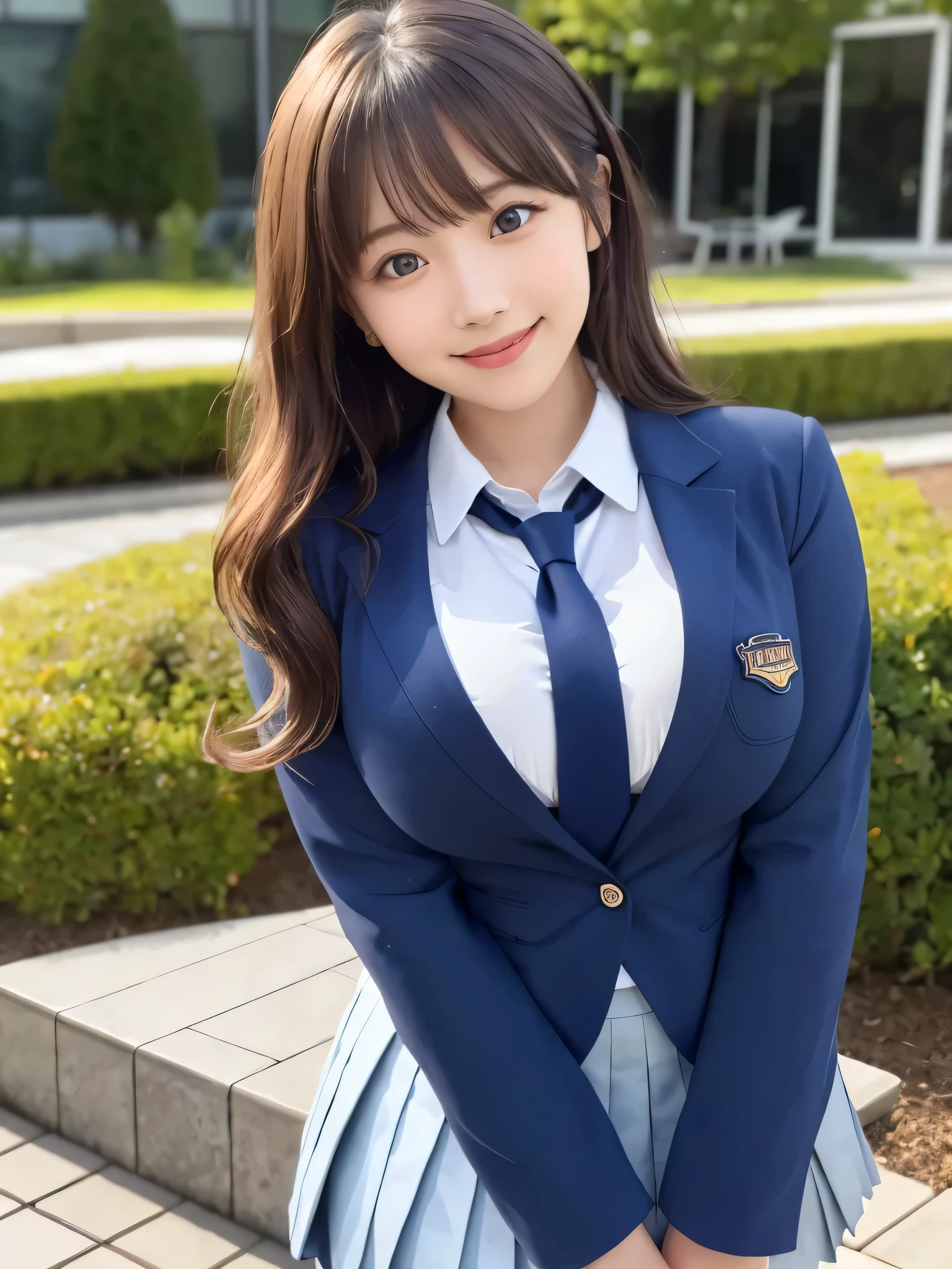 8k, highest quality, real image, intricate details, Super detailed, ultra high resolution, depth field,(realistic,realistic:1.2), from the middle, 1 Japanese girl, very beautiful girl, Big eyes, beautiful breasts:1.5、highly detailed eyes:1.2), (beautiful breasts:1.1), (small breasts:1.5), wavy hair、curly hair、bangs, perfect skin, Fair skin, huge hips, thick thighs, thick legs, cleavage, tight waist, light blush, alone, looking at the viewer, (smile:1.4), (white shirt), (gray pleated skirt), (sculpture installation :1.1)