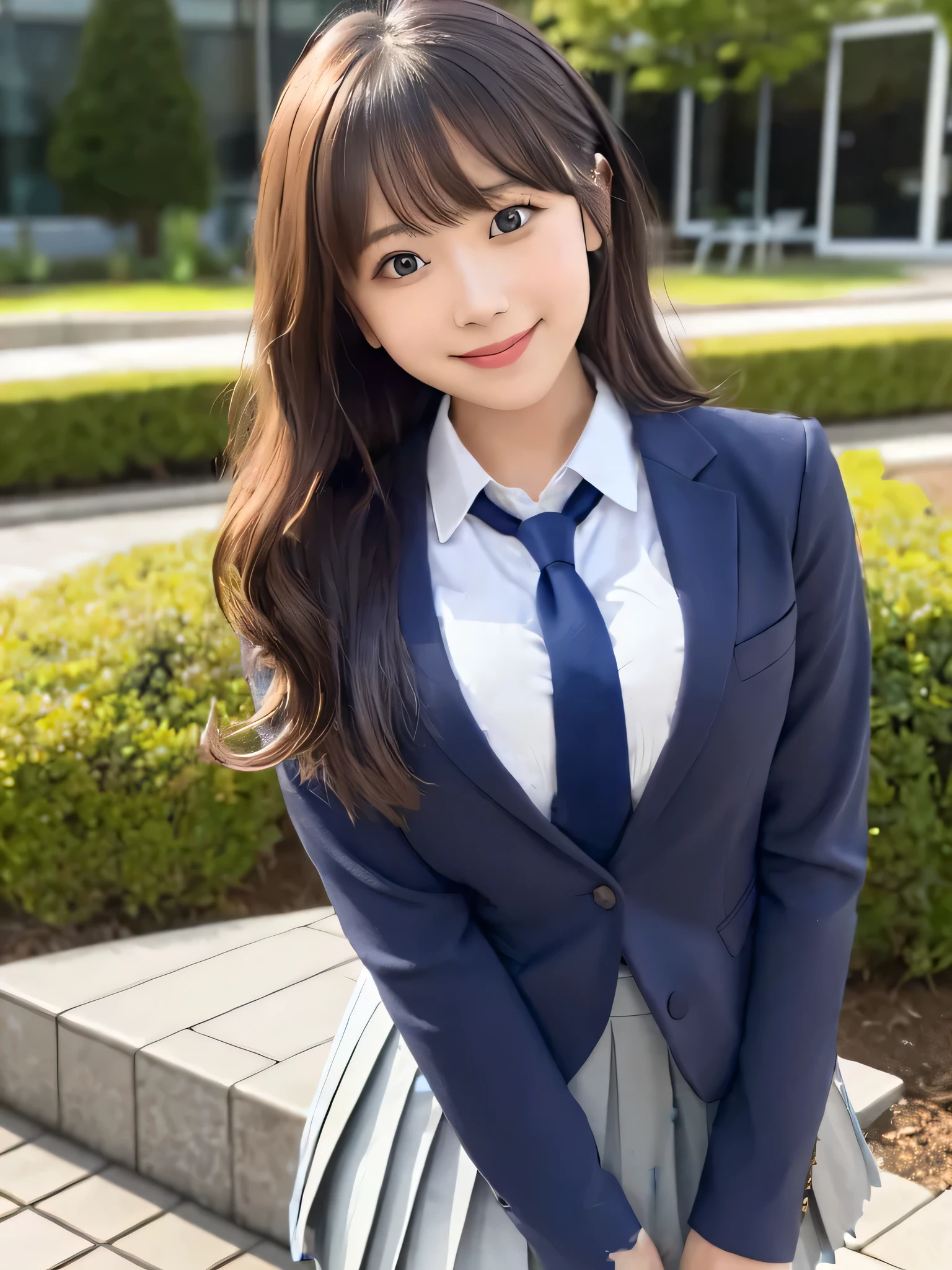 (white shirt), (gray pleated skirt)