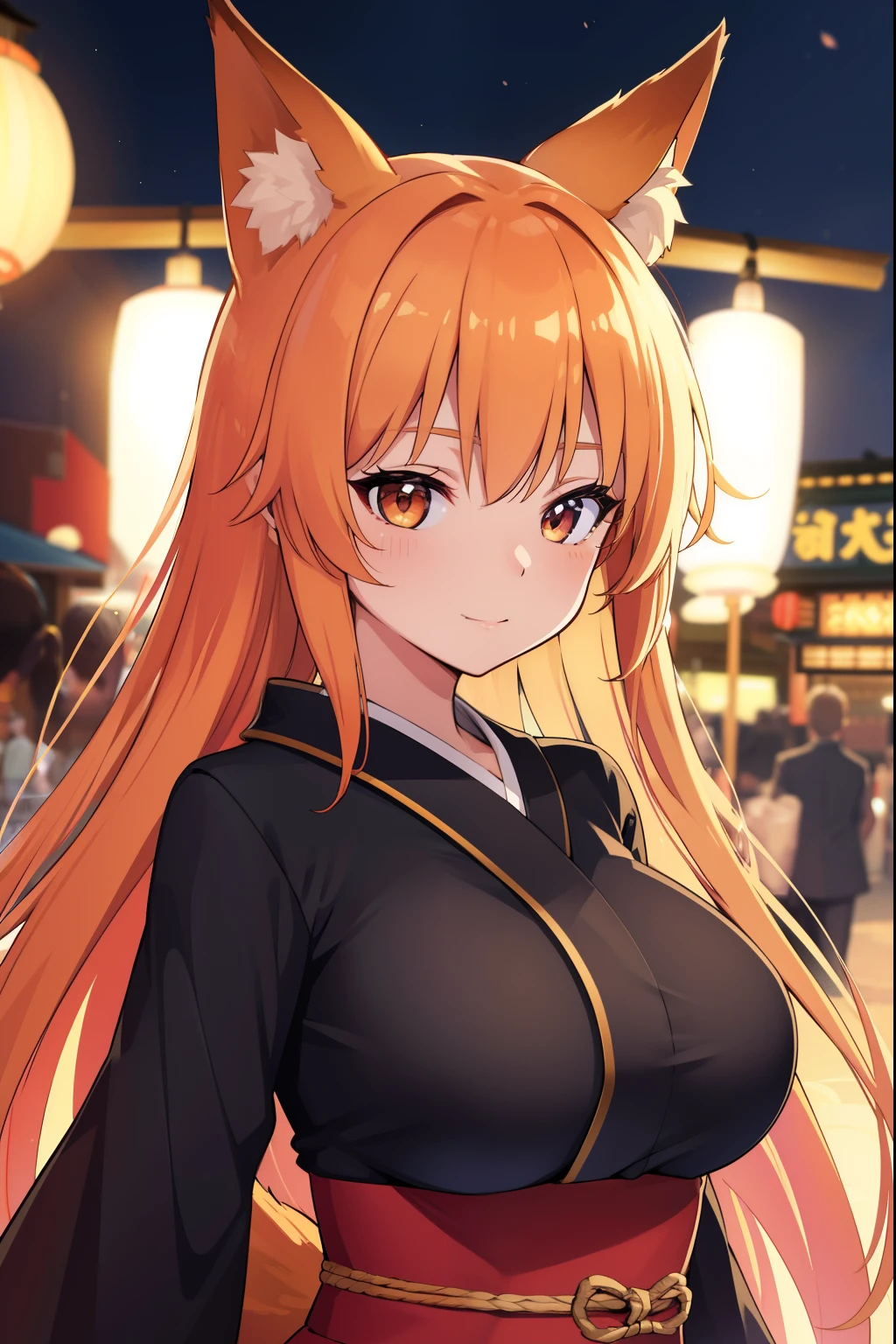 animal earsの綿毛, animal ears, fox ears, fox girl, Fox tail, golden hair, tail, kimono, ((big breasts:1.1)),laughter, cheeks turn red,  night, ((city summer festival)), 
looking at the viewer, highest quality, High resolution, unity 8k wallpaper, perfect lighting,upper body portrait