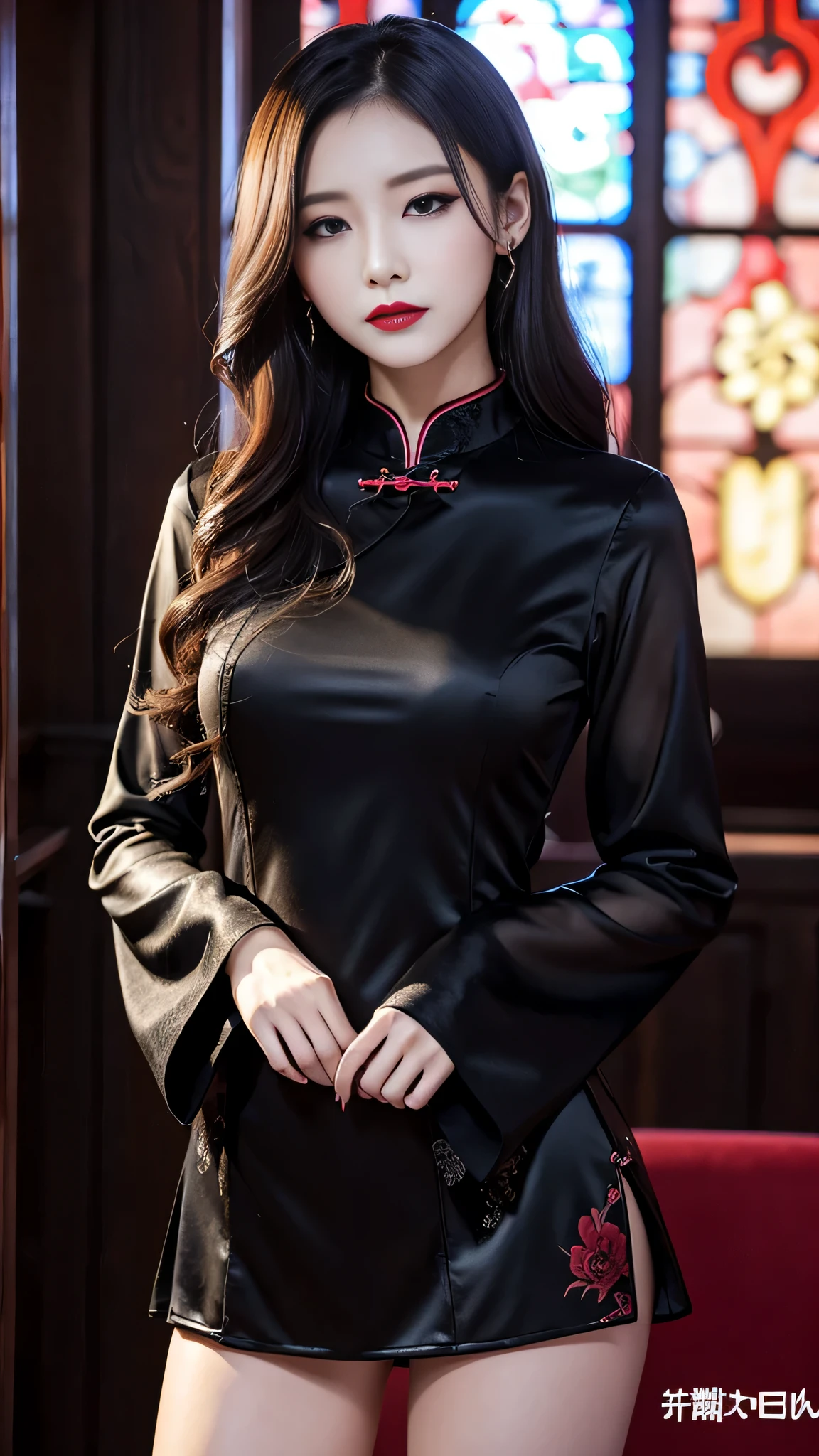 Super detailed、Japanese、charming beauty、seductive adult woman、Beautiful woman、sharp eyes、cool girl、wavy hair、long black cheongsam、wide sleeve、evilの幹部、evil depravity、brainwashing、Mind control、lipstick、grin、evilな表情、evil、empty eyes、evil、church at night、vampire、vampire、Hypnosis、brainwashinging、Contrasting、makeup brush