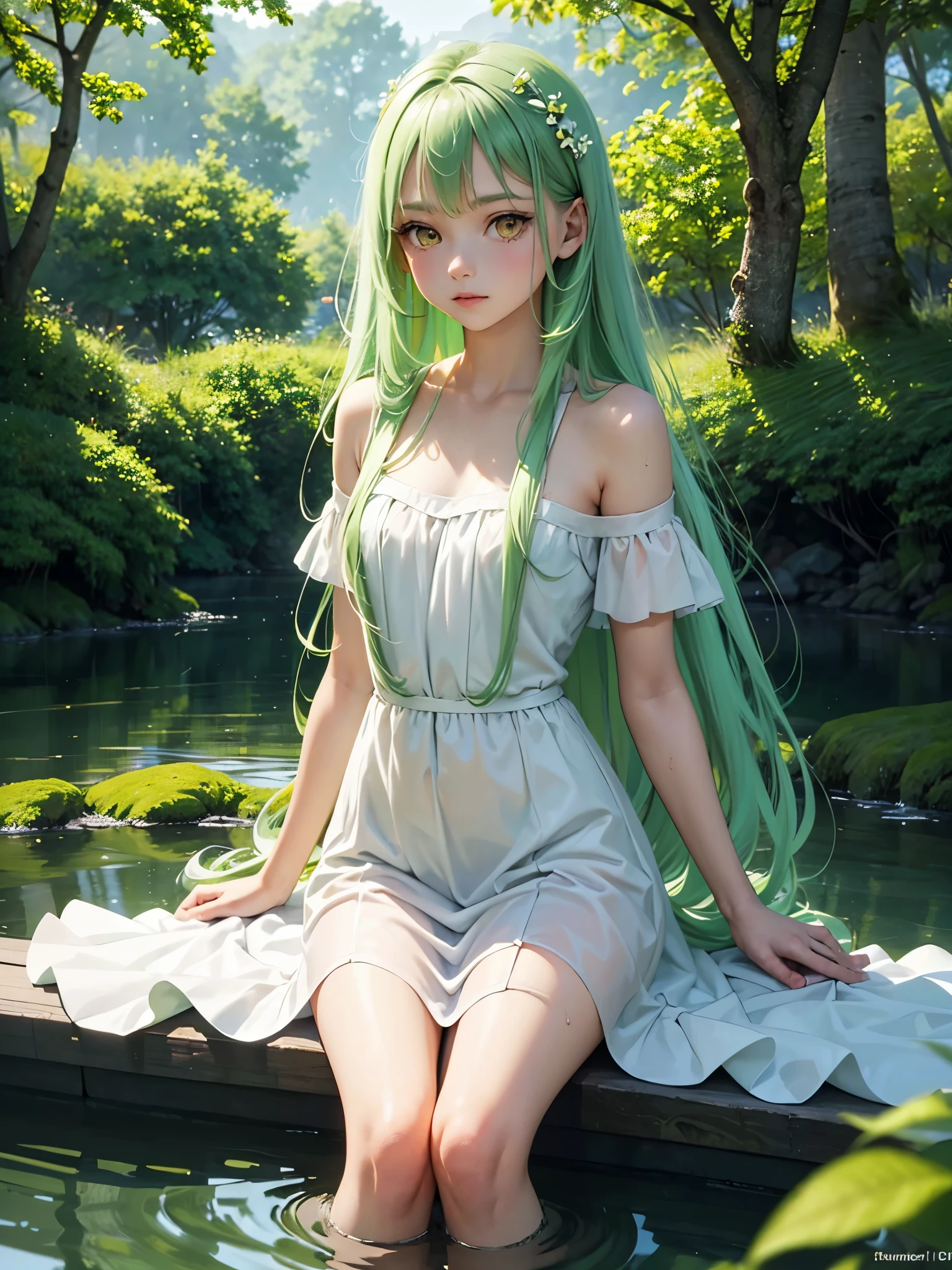 1 girl, solo, looking at viewer, fairy, long green flowing hair, transparent effect on hair, yellow eyes, white flowing dress, in the lake bathing, surrounded by sprites, lush forest background, best quality, highest quality, high resolution, stylized, (masterpiece:1.2), realistic lighting
