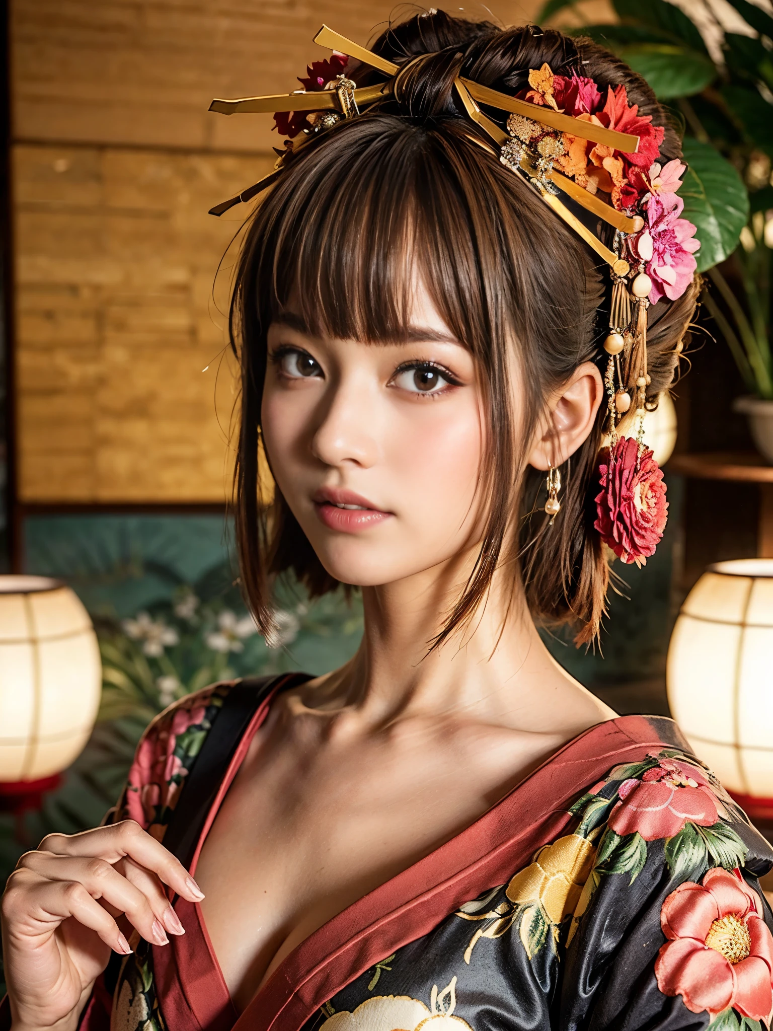 (one young girl), very cute face, wonderful face and eyes, (highly detailed eyes, highly detailed face), Fresh, very beautiful appearance, (超realistic, High resolution), (highest quality:1.4), RAW photo, (realistic, Photoreal:1.37), professional photography, (floral pattern yukata:1.5), (Open yukata), (cleavage:1.2), (bare shoulders), smile a little, (look at me), Bedroom, girl portrait,