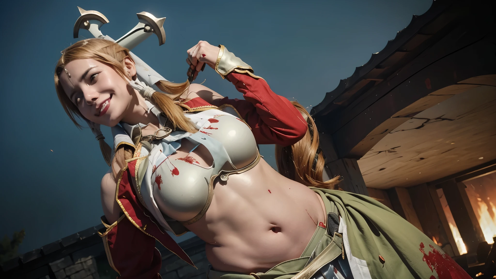 girl 1, exposed belly button, big breasts, femdom, bullying, holding a severed head of enemy, Blood on the body, Blood on the armor, Blood in the belly button, Blood in the stomach, Blood on the breasts, provocation, tall, long sword, slashing sword, splashing blood, tall, belly buttonに血 ,Blood in the stomach, gun, knife, sword, war, underwear, kill, Behead, shot from below, sensual, Blood on the breasts, smile, holding a severed head