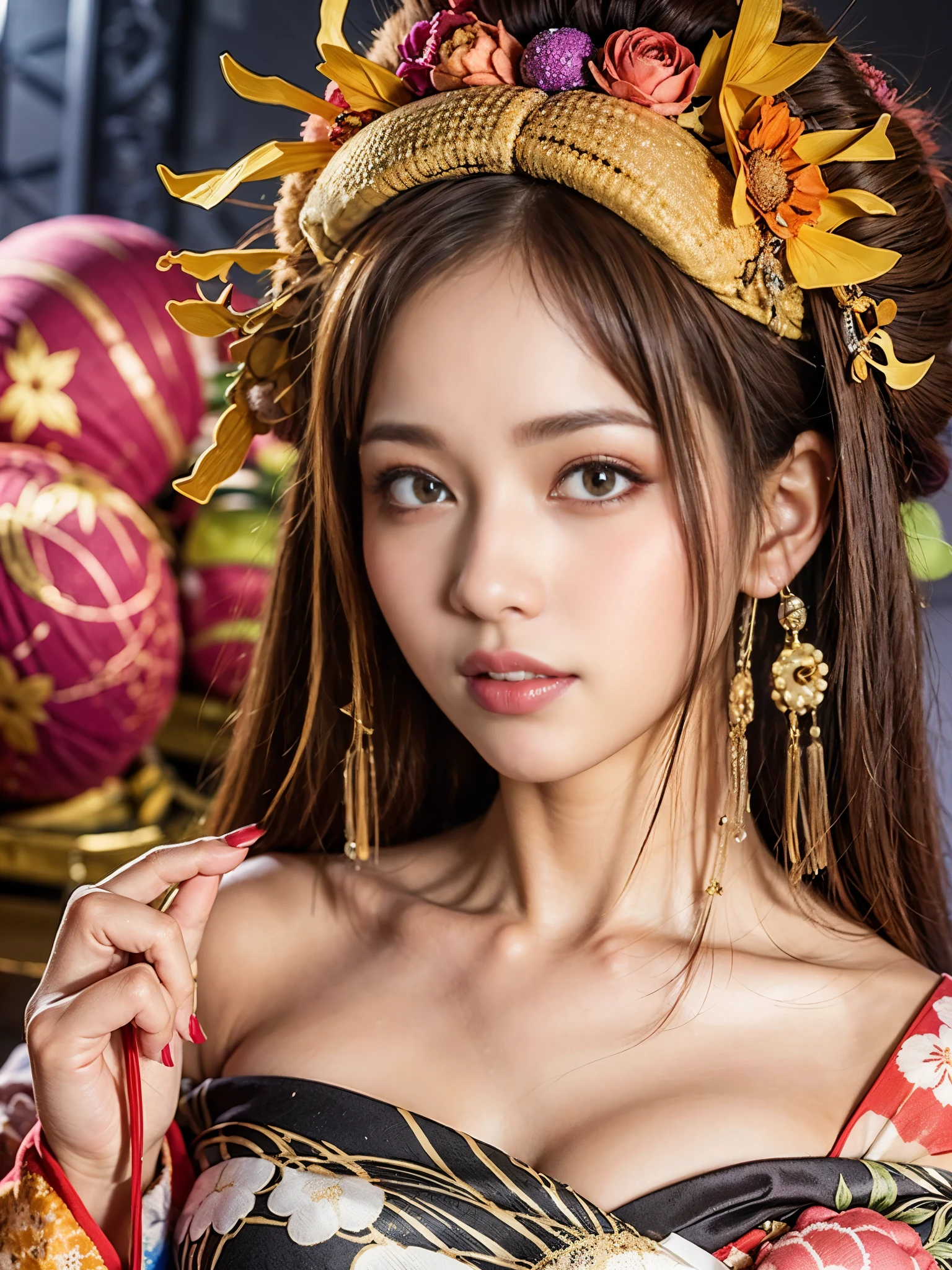 (one young girl), very cute face, wonderful face and eyes, (highly detailed eyes, highly detailed face), Fresh, very beautiful appearance, (超realistic, High resolution), (highest quality:1.4), RAW photo, (realistic, Photoreal:1.37), professional photography, (floral pattern yukata:1.5), (Open yukata), (cleavage:1.2), (bare shoulders), smile a little, (look at me), Bedroom, girl portrait,