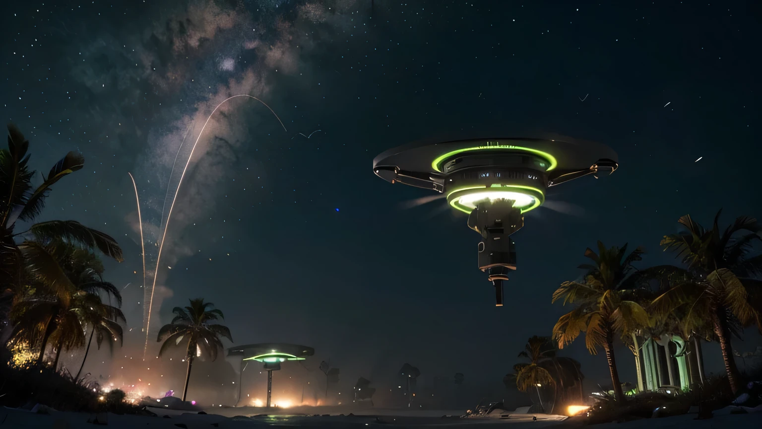 (best quality,4k,8k,highres,masterpiece:1.2),ultra-detailed,(realistic,photorealistic,photo-realistic:1.37),HDR,UHD,studio lighting,ultra-fine painting,sharp focus,physically-based rendering,extreme detail description,professional,vivid colors,bokeh,science fiction,landscape,alien animals,landing spaceship,glowing lights,extraterrestrial plants,hovering drones,futuristic architecture,neon colors,unearthly atmosphere,shimmering surfaces,mysterious sky,geometric formations,dimensions,otherworldly ecosystem,advanced technology