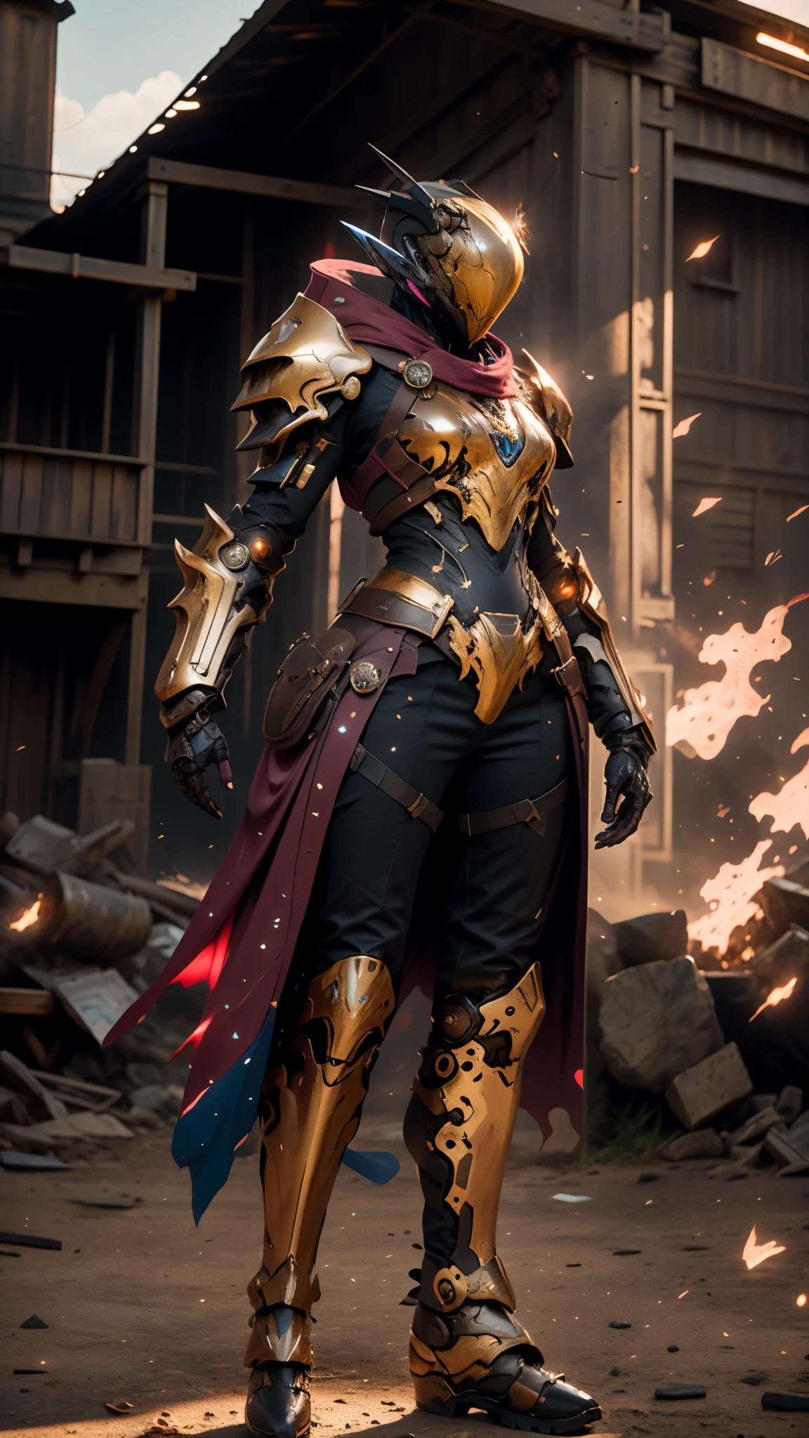 A woman adorned in fantasy-style full-body armor, a crown-concept fully enclosed helmet that unveils only her eyes, a composite layered chest plate, fully encompassing shoulder and hand guards, a lightweight waist armor, form-fitting shin guards, the overall design is heavy-duty yet flexible, ((the armor gleams with a golden glow, complemented by red and blue accents)), exhibiting a noble aura, she floats above a fantasy-surreal high-tech city, this character embodies a finely crafted fantasy-surreal style armored hero in anime style, exquisite and mature manga art style, (Queen bee mixed with Spider concept Armor, plasma, blood), ((Element, energy, elegant, goddess, femminine:1.5)), metallic, high definition, best quality, highres, ultra-detailed, ultra-fine painting, extremely delicate, professional, anatomically correct, symmetrical face, extremely detailed eyes and face, high quality eyes, creativity, RAW photo, UHD, 32k, Natural light, cinematic lighting, masterpiece-anatomy-perfect, masterpiece:1.5