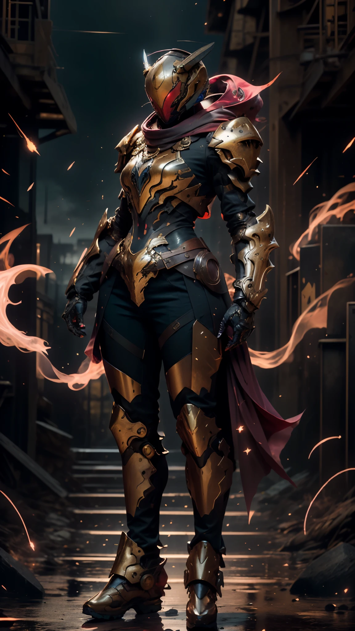 A woman adorned in fantasy-style full-body armor, a crown-concept fully enclosed helmet that unveils only her eyes, a composite layered chest plate, fully encompassing shoulder and hand guards, a lightweight waist armor, form-fitting shin guards, the overall design is heavy-duty yet flexible, ((the armor gleams with a golden glow, complemented by red and blue accents)), exhibiting a noble aura, she floats above a fantasy-surreal high-tech city, this character embodies a finely crafted fantasy-surreal style armored hero in anime style, exquisite and mature manga art style, (Queen bee mixed with Spider concept Armor, plasma, blood), ((Element, energy, elegant, goddess, femminine:1.5)), metallic, high definition, best quality, highres, ultra-detailed, ultra-fine painting, extremely delicate, professional, anatomically correct, symmetrical face, extremely detailed eyes and face, high quality eyes, creativity, RAW photo, UHD, 32k, Natural light, cinematic lighting, masterpiece-anatomy-perfect, masterpiece:1.5