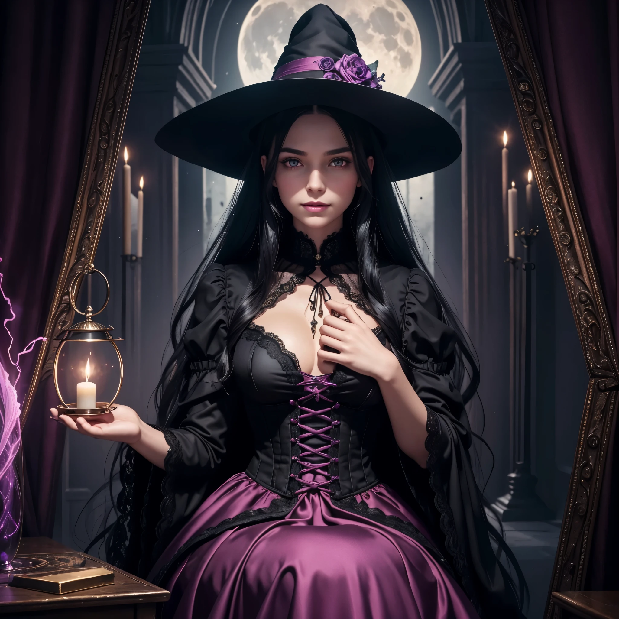 (best quality,4k,8k,highres,masterpiece:1.2),ultra-detailed,(realistic,photorealistic,photo-realistic:1.37), a teenage boy joins a witch coven and he’s given the gift of femininity, he gets magically transformed into a cute teenage witch girl, she embrace her new identity has a maiden of witchcraft and eager to learn magic, sex change ritual, pink eyes, long black hair, is happy, witches are helping dressing up the new girl, she’s happily getting dressed in a stunning black victorian dress, gorgeous dress design,flowing gown,elaborate lace details,rich textures,contrast stitching,delicate ribbon bows,floral accents,full skirt,high neckline,long sleeves,fitted waistline,flared cuffs,lace-up back,luxurious fabrics,flawless silhouette,high heels,pointy hat, magical transformation, detailed facial features, glowing and vibrant pink eyes, flowing and glossy long black hair, happy and excited expression, joyful and radiant vibe, surrounded by a mystical aura, spell books and potions in the background, inside an abandoned castle, moonlit night with a full moon shining above, soft and ethereal lighting, a group of friendly witches welcoming the new girl into the coven, joyful celebration, witches assisting in dressing up the new girl,promptly helps the new girl getting dressed in a stunning black Victorian dress, feminine and elegant movements, a cauldron overflowing with sparkles and magical essence, black and purple hues dominating the color palette, whimsical and enchanting atmosphere, breathtaking and bewitching nature, a sense of empowerment and self-discovery.