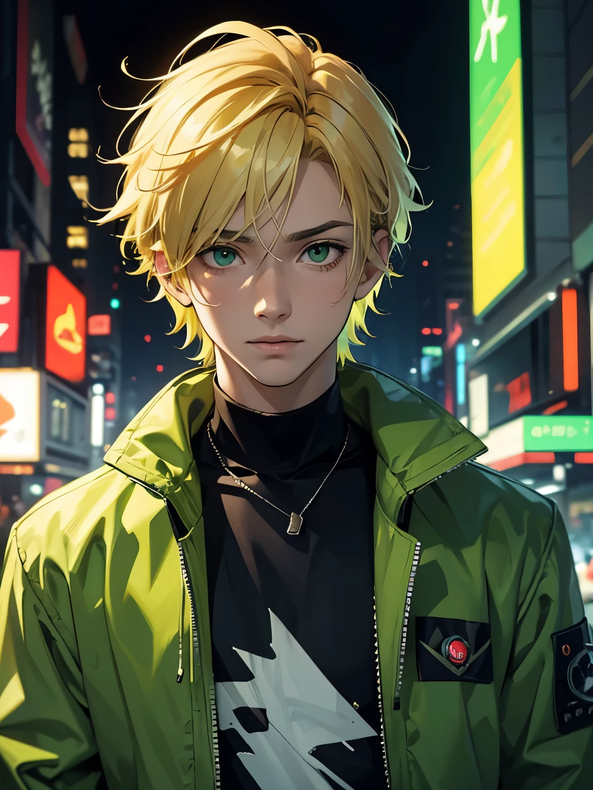 A blonde age boy, with blonde and green messy hair and green eyes, wearing a green jacket and black shirt, cyberpunk