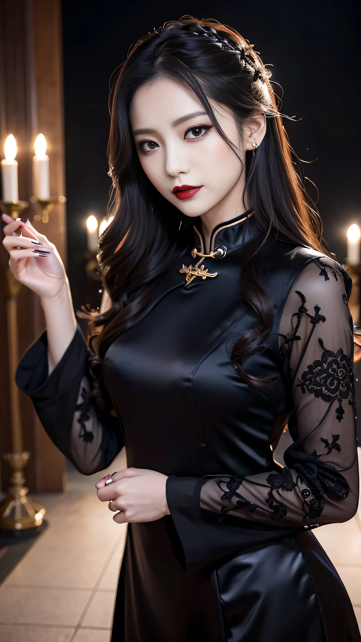 Super detailed、Japanese、charming beauty、seductive adult woman、Beautiful woman、sharp eyes、cool girl、wavy hair、long black cheongsam、wide sleeve、evilの幹部、evil depravity、brainwashing、Mind control、lipstick、grin、evilな表情、evil、empty eyes、evil、church at night、vampire、vampire、Hypnosia makeup brush