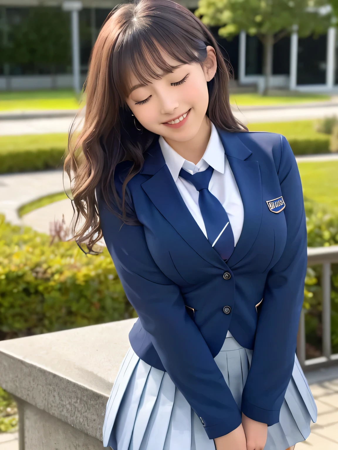 8k, highest quality, real image, intricate details, Super detailed, ultra high resolution, depth field,(realistic,realistic:1.2), (closed my eyes:1.3), from the middle, 1 Japanese girl, very beautiful 17 year old girl, Big eyes, beautiful breasts:1.5、highly detailed eyes:1.2), (beautiful breasts:1.1), (small breasts:1.5), wavy hair、curly hair、bangs, perfect skin, Fair skin, huge hips, thick thighs, thick legs, cleavage, tight waist, light blush, alone, looking at the viewer, (smile:1.4), ((School_uniform),(dark blue blazer), (white shirt、wear a tie), (gray pleated skirt), (sculpture installation :1.1)
