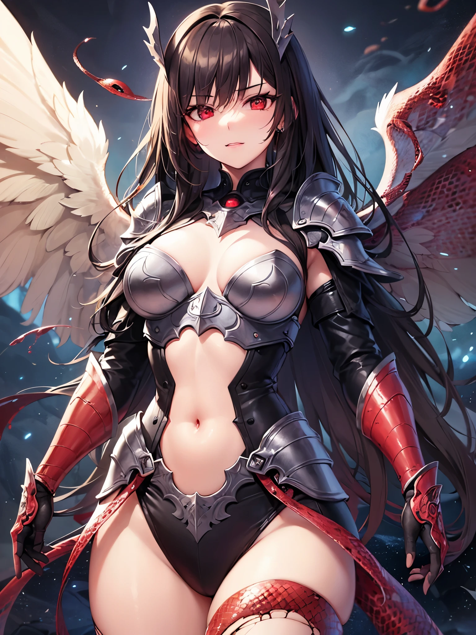 ((highest quality)),(ultra high resolution),(Super detailed),(detailed description),((best CG)),(best work of art),super precision art,amazing drawing art,(Fantasy art with precise details:1.5), (female fallen angel:1.8),(beautiful and well-shaped face:1.5),remorse:1.5,(Detailed broken armor:1.6),(Very precise and detailed pattern:1.6),glamorous body:1.3,Broken wings:1.5,(Beautiful crimson snake eyes:1.5)