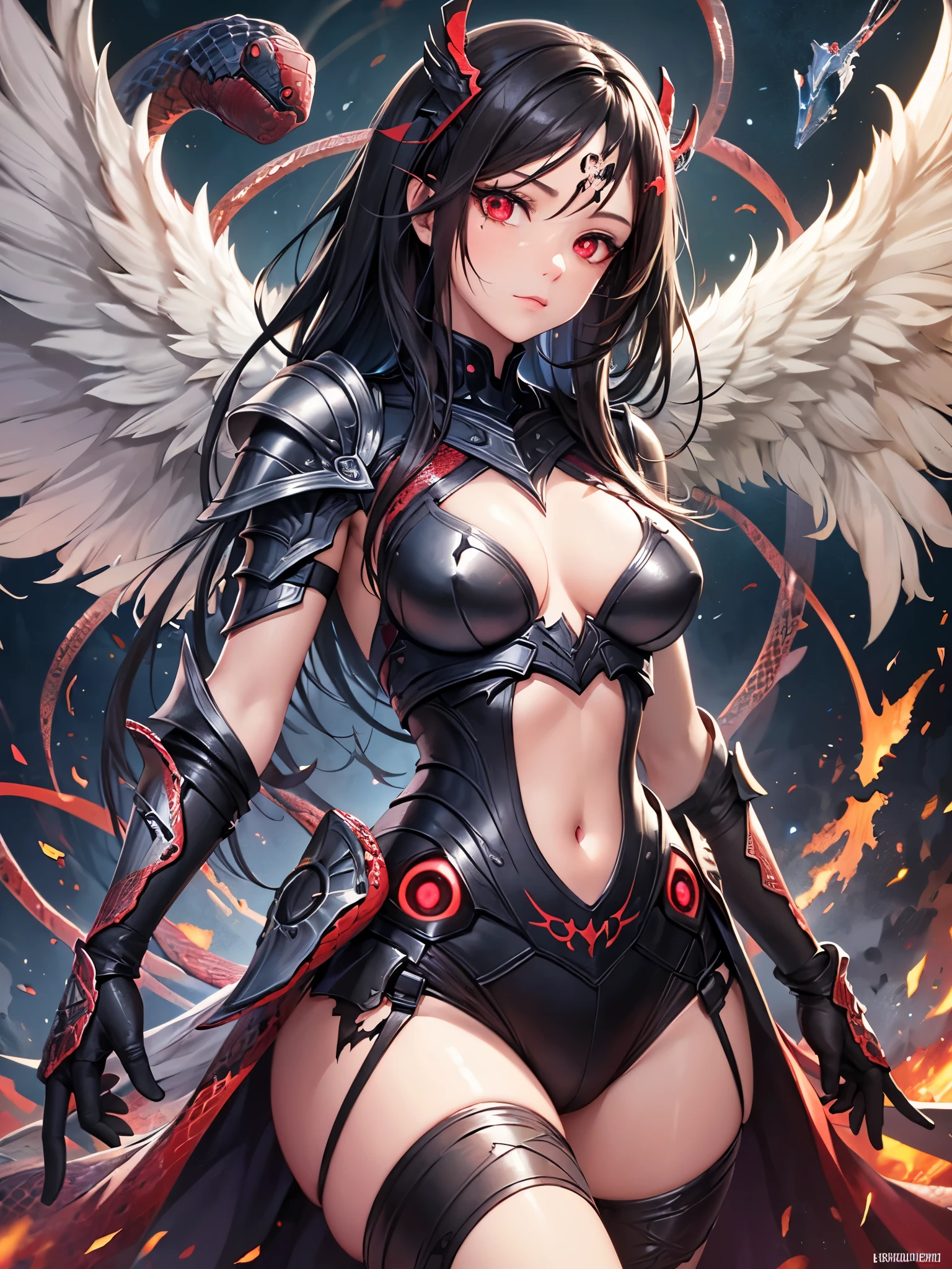 ((highest quality)),(ultra high resolution),(Super detailed),(detailed description),((best CG)),(best work of art),super precision art,amazing drawing art,(Fantasy art with precise details:1.5), (female fallen angel:1.8),(beautiful and well-shaped face:1.5),remorse:1.5,(Detailed broken armor:1.6),(Very precise and detailed pattern:1.6),glamorous body:1.3,Broken wings:1.5,(Beautiful crimson snake eyes:1.5)