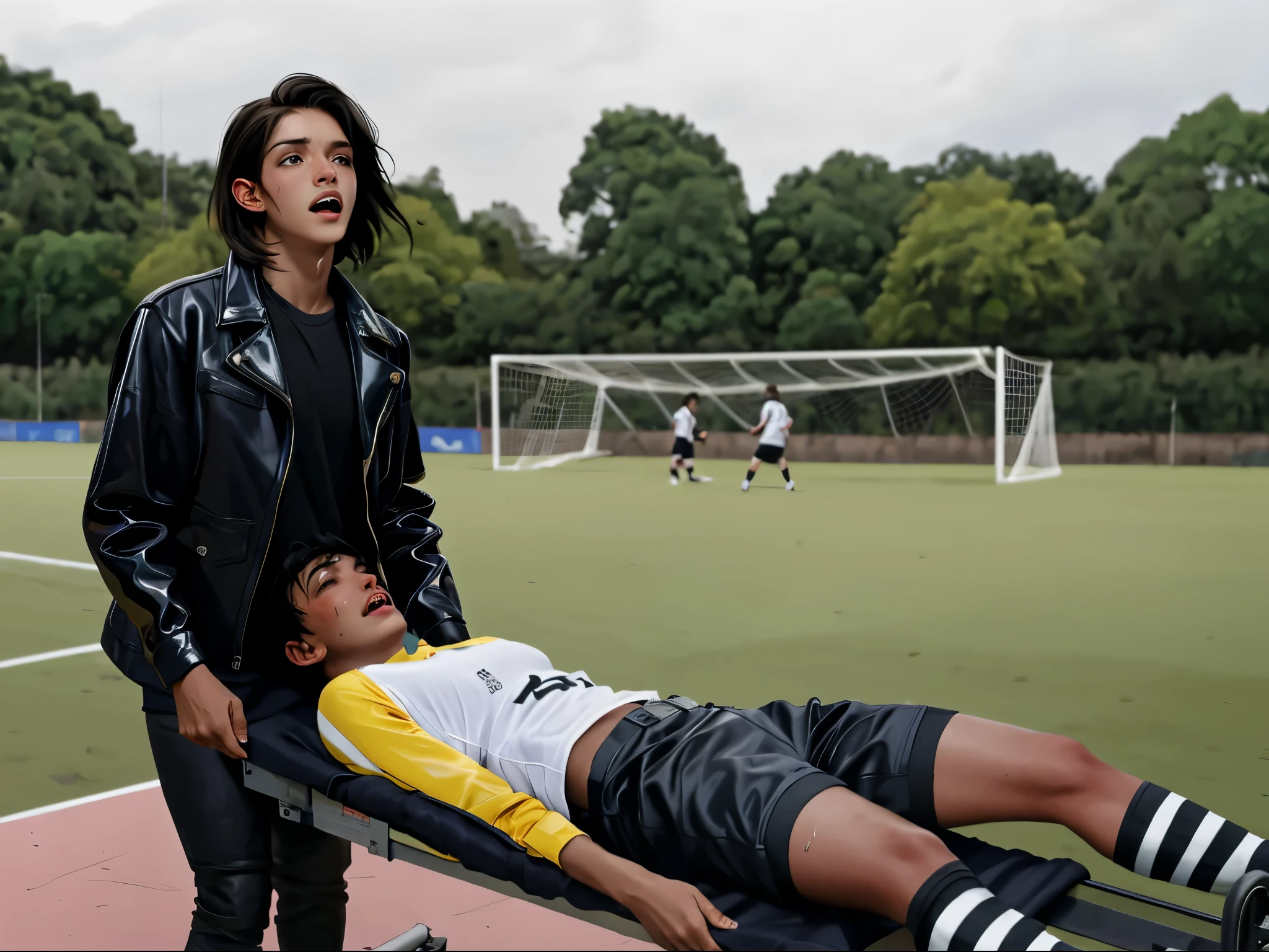 an african girl in a very shiny padded leather coat, a beautiful african girl, soccer, sports injury, theatralic erotic action, intense erotic scene, erotic pose, a love scene, interracial loving action, erotic, an injured soccer-boy in matte cotton sportswear is rearing up in pain on a stretcher, an injured soccer-boy in matte cotton sportswear is rearing up in pain on a stretcher that is carried by his african girlfriend, there is an attractive african girl in a deep black high-shine biker-jacket, a terrified but attractive african girl is evacuating her injured soccer-boyfriend from a soccer field, an injured soccer-boy in matte cotton sportswear is rearing up in pain on a stretcher while he is evacuated from the field of play by his very attractive african girlfriend, an injured soccer-boy is crying in pain, an attractive african girl in a wet deep black shiny plastic-jacket is giving first aid, dramatic action scene, first aid, injury, pain, agony, helping woman, woman carrying a man, an attractive african girl in a black shiny biker- jacket, an attractive african girl in a wetlook shiny patent-leather-biker-jacket with lipstick and madeup smokey eyes, a consciousless german boy in a cotton shirt and a matte jeans, an attractive african girl with lots of makeup in a very shiny wet black biker-jacket, an attractive african girl is wearing a shiny bikerjacket, an attractive african girl with smokey eyes, an attractive madeup girl in shiny leather with lipstick, an attractive african girl is carrying a german boy, a matte clothed injured boy, a shorthaired boy with cotton t-shirt, a shorthaired boy needs to be carried while wearing matte sportswear