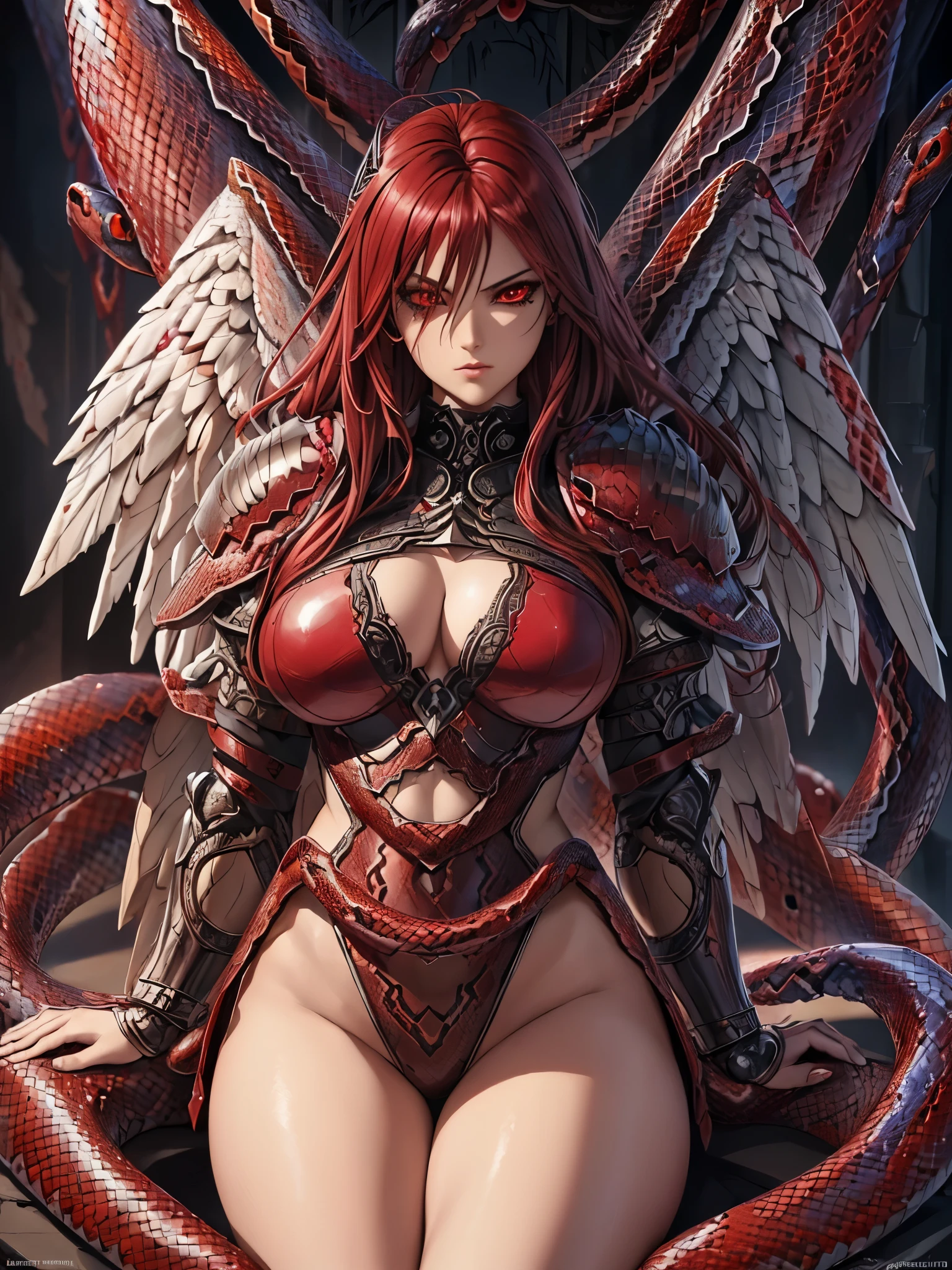 ((highest quality)),(ultra high resolution),(Super detailed),(detailed description),((best CG)),(best work of art),super precision art,amazing drawing art,(Fantasy art with precise details:1.5), (female fallen angel:1.8),(beautiful and well-shaped face:1.5),remorse:1.5,(Detailed broken armor:1.6),(Very precise and detailed pattern:1.6),glamorous body:1.3,Broken wings:1.5,(Beautiful crimson snake eyes:1.5)