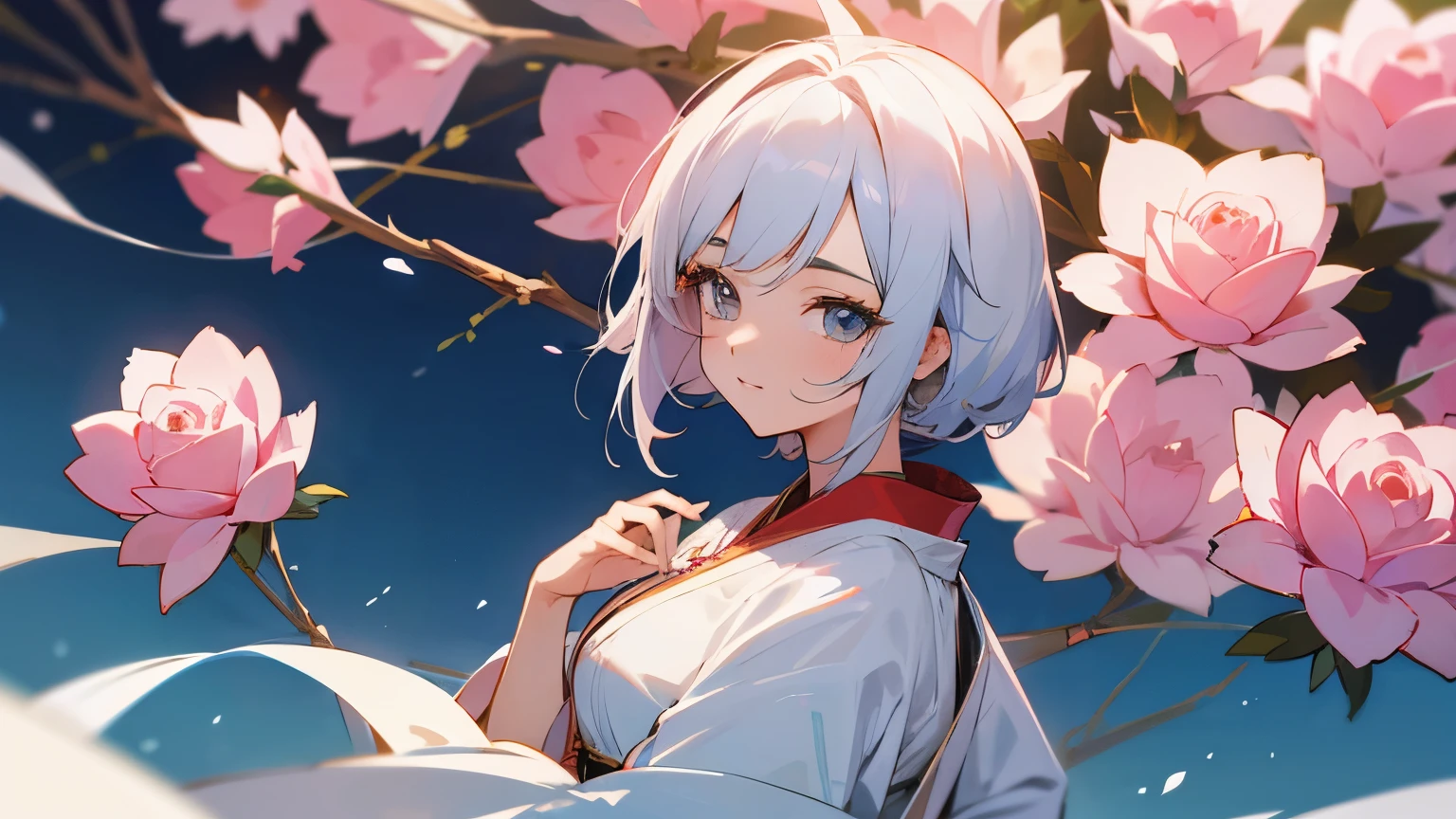 Desenhe uma mulher coreana com cabelos rosas e olhos azuis claros anime