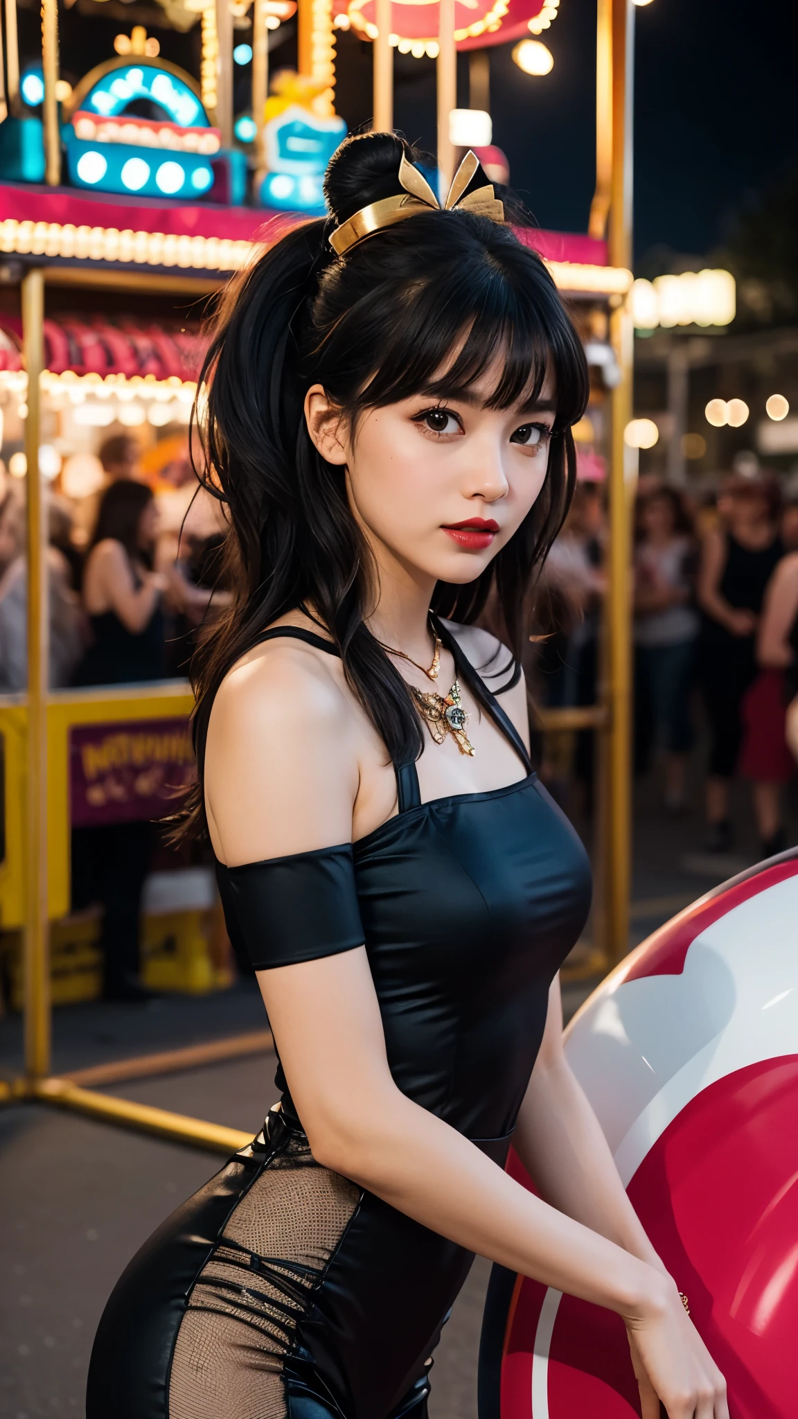 (Ultra-detailed eyes), (((textile shading))), (((Best Quality))), (((masterpiece))) sassy girl, (((realistic))), black hair, black hair, black hair, black hair, chic hairstyle, ((two buns hair with bangs, gorgeous hair)), Pink eyes, (((retro futuristic Outfits))), ((carnival pose)), (((Game CG)) (gorgeous, sassy, it girl), fancy jewelry, in carnival ride in the city at night, strong night carnival atmosphere, strong carnival atmosphere, cowboy shot, midshot, centered image, eye on camera, racer first in line costume, circus outfit, carnival outfit, carnival color, unusual fashion choices