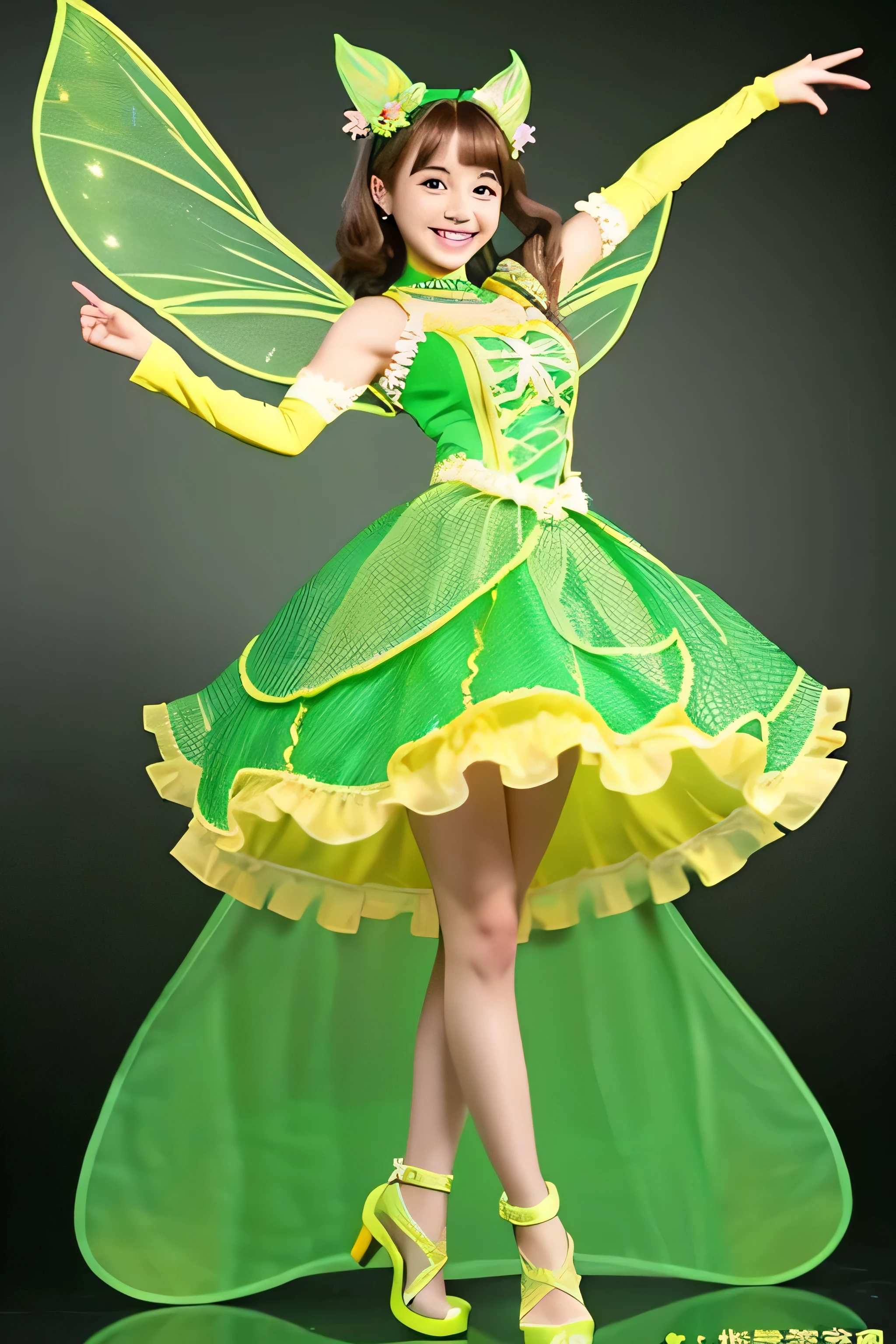 A cute fairy of a beautiful girl wearing an Earl&#39;s melon with green flesh and a fine mesh pattern on the skin.、A full-body pose wearing a dress with an Earl&#39;s melon design and jumping around with a cheerful smile。The beautiful girl fairy that is generated is、Depicting the entire body so that it does not protrude from the screen。