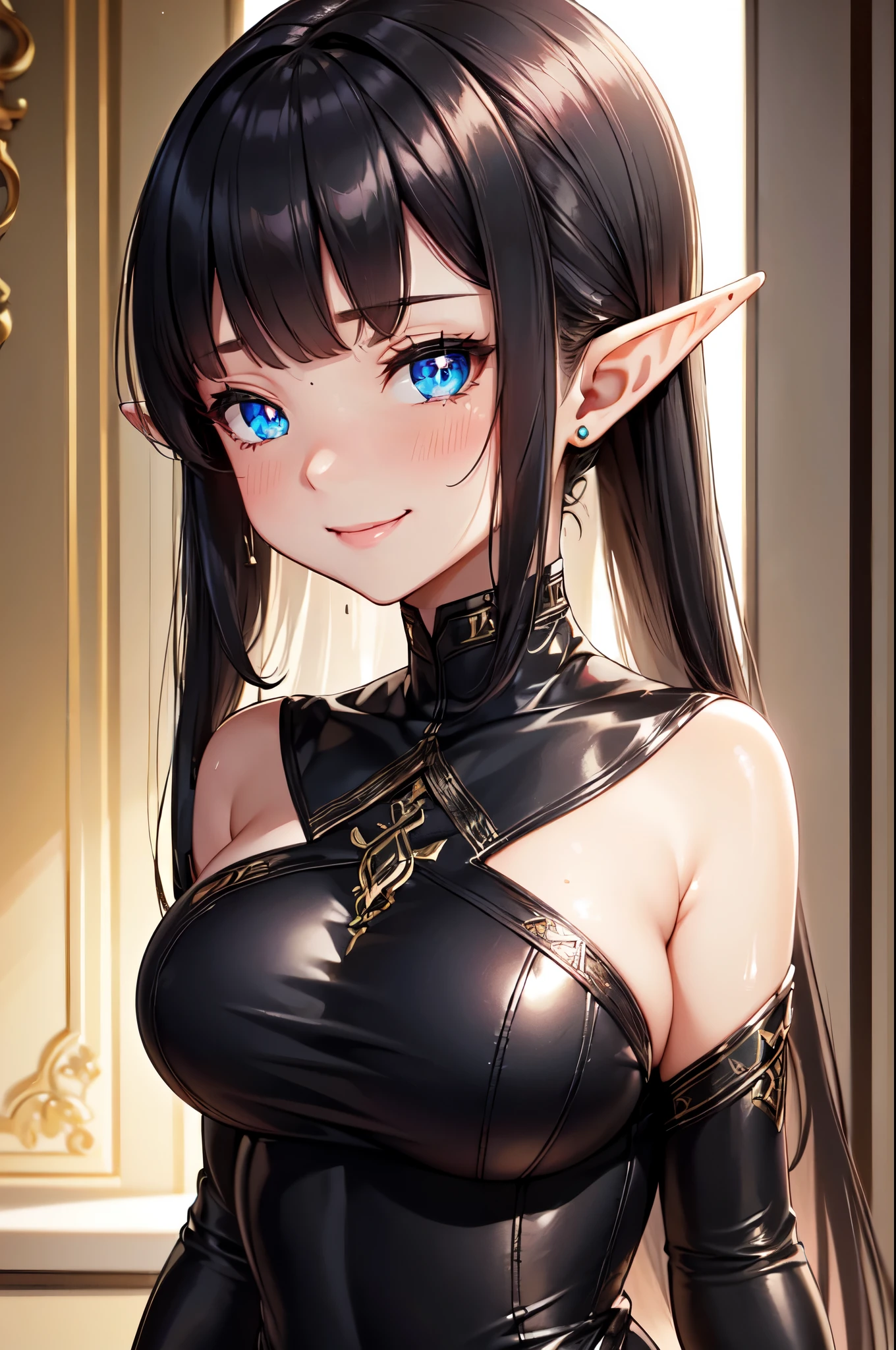 (High quality, High resolution, Fine details), Villa, Enamel Bodycon Black Mini Dress, solo, curvy women, sparkling eyes, (Detailed eyes:1.2), Elf Ears, smile, blush, Sweat, Oily skin, shallow depth of field