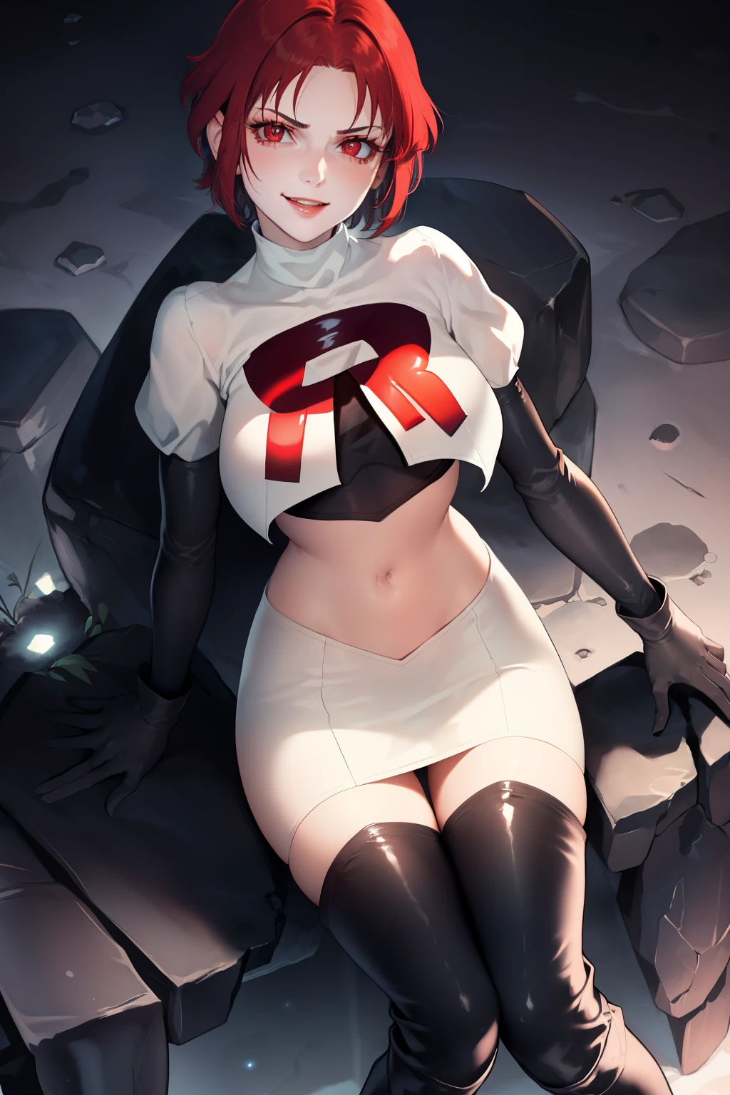 feMonica, short hair,red eyes ,glossy lips ,team rocket uniform, red letter R, white skirt,white crop top,black thigh-high boots, black elbow gloves, evil smile, sitting down, looking down on viewer ,legs crossed, night sky background