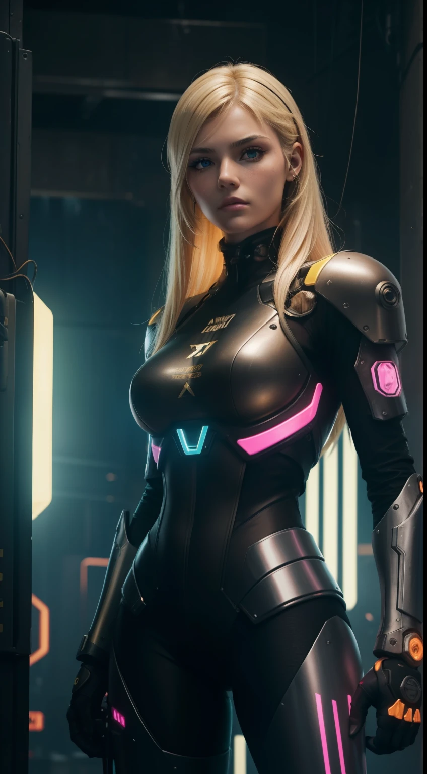 (extremadamente detallado, obra maestra, La mejor calidad), intense illumination, mujer joven rubia dentro de exoesqueleto cyberpunk. luces de neon, cables, entorno industrial. armamento pesado, Giant fists. garras en los brazos roboticos.