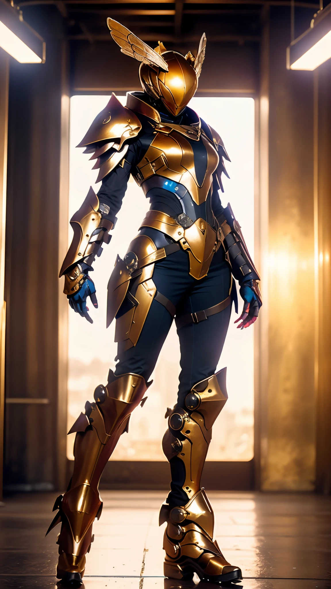 A woman adorned in fantasy-style full-body armor, a crown-concept fully enclosed helmet that unveils only her eyes, a composite layered chest plate, fully encompassing shoulder and hand guards, a lightweight waist armor, form-fitting shin guards, the overall design is heavy-duty yet flexible, ((the armor gleams with a golden glow, complemented by red and blue accents)), exhibiting a noble aura, she floats above a fantasy-surreal high-tech city, this character embodies a finely crafted fantasy-surreal style armored hero in anime style, exquisite and mature manga art style, (Queen bee mixed with Spider concept Armor, plasma, blood), ((Element, energy, elegant, goddess, femminine:1.5)), metallic, high definition, best quality, highres, ultra-detailed, ultra-fine painting, extremely delicate, professional, anatomically correct, symmetrical face, extremely detailed eyes and face, high quality eyes, creativity, RAW photo, UHD, 32k, Natural light, cinematic lighting, masterpiece-anatomy-perfect, masterpiece:1.5